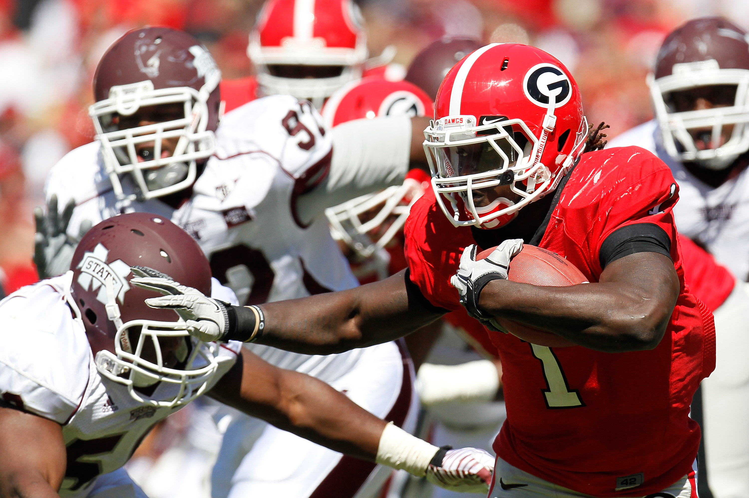 ATHENS, GA - OCTOBER 01:  Isaiah Crowell #1 of the Georgia Bulldogs rushes upfield against the Mississippi State Bulldogs defense at Sanford Stadium on October 1, 2011 in Athens, Georgia.  (Photo by Kevin C. Cox/Getty Images)