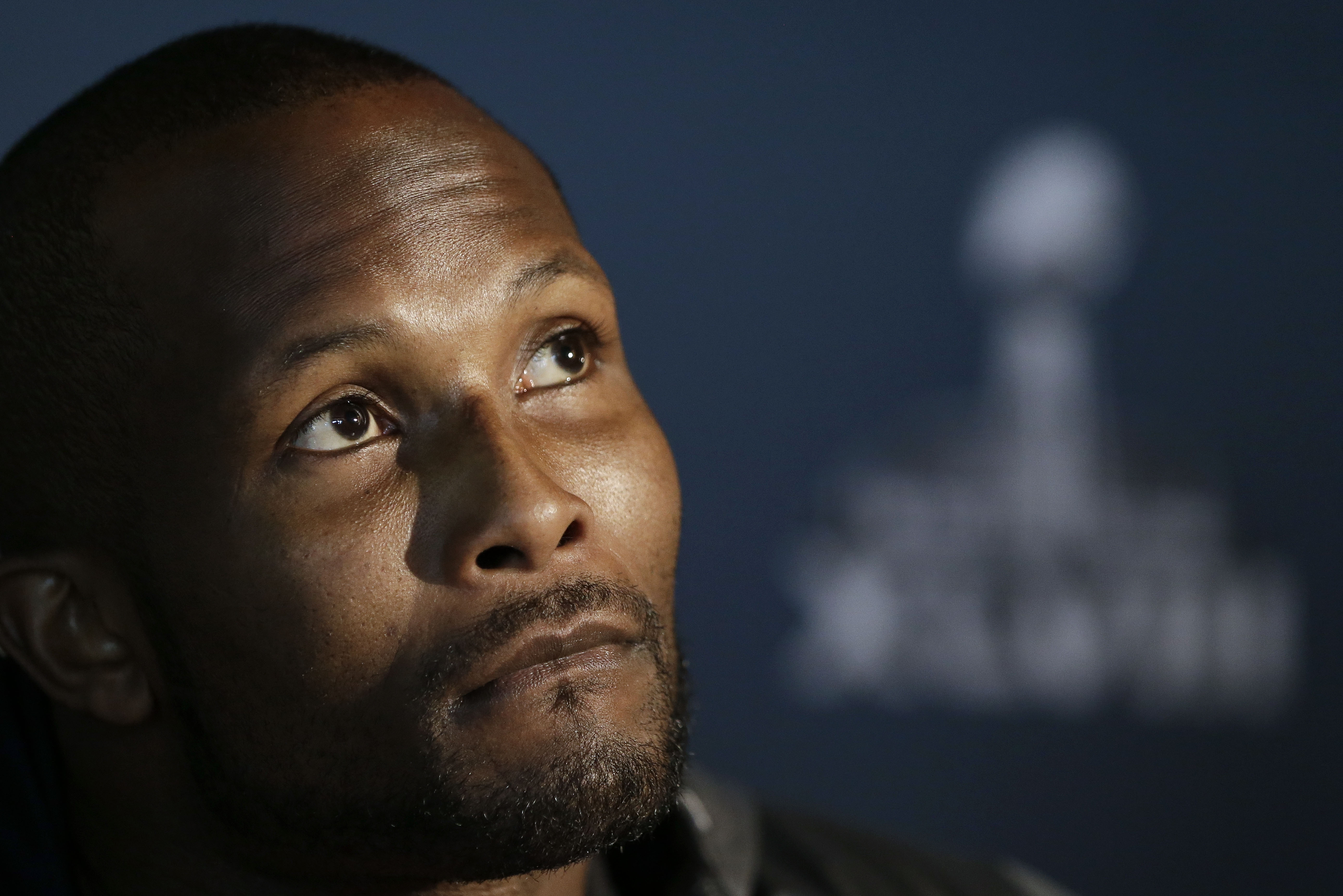 Denver Broncos cornerback Champ Bailey listens to a question as he talks with reporters during a news conference Thursday, Jan. 30, 2014, in Jersey City, N.J. The Broncos are scheduled to play the Seattle Seahawks in the NFL Super Bowl XLVIII football game Sunday, Feb. 2, in East Rutherford, N.J. (AP Photo)