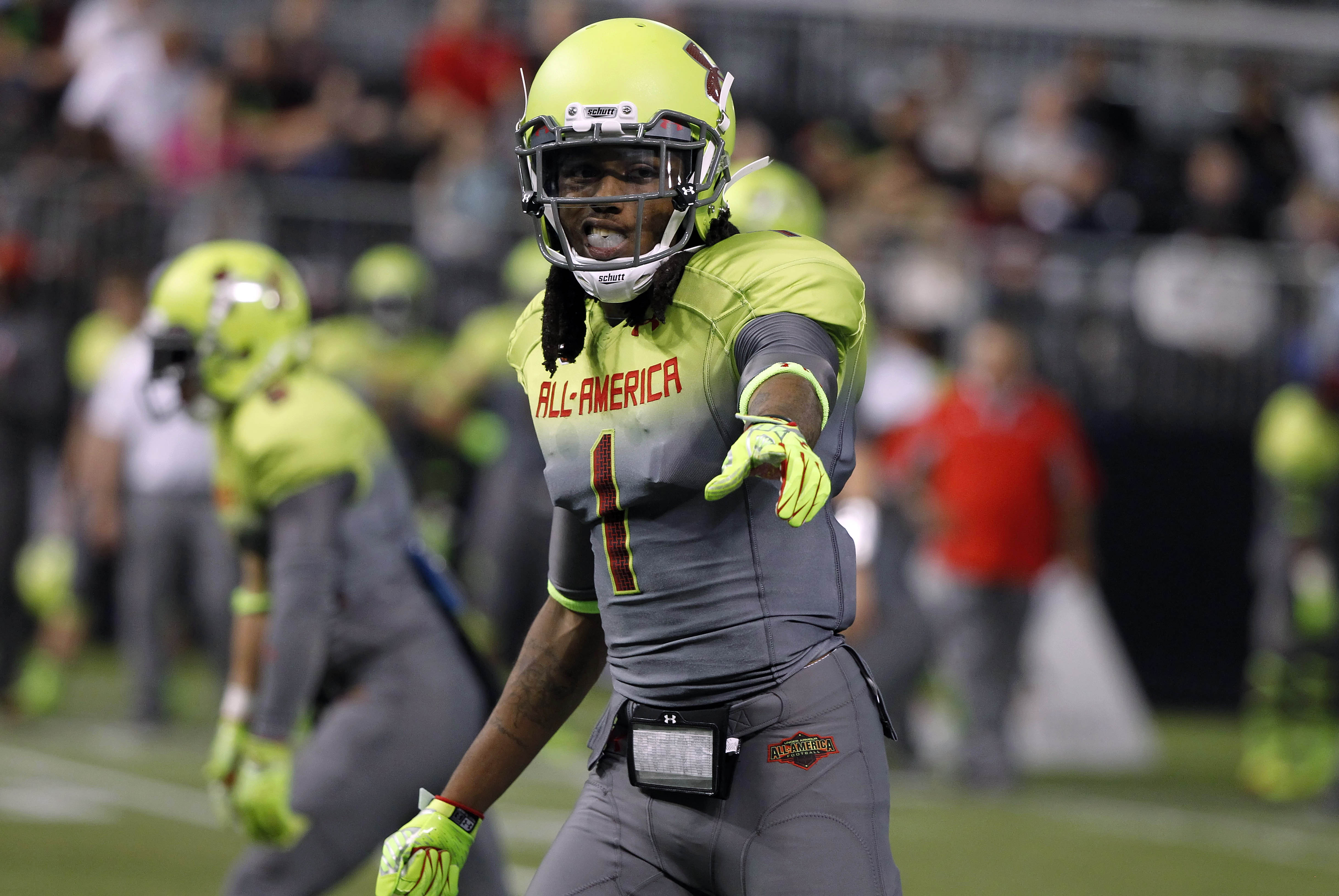 Jan 2, 2014; St. Petersburg, FL, USA; Team Nitro wide receiver Ermon Lane (1) during the first half in the Under Armour All America football game at Tropicana Field. Mandatory Credit: Kim Klement-USA TODAY Sports