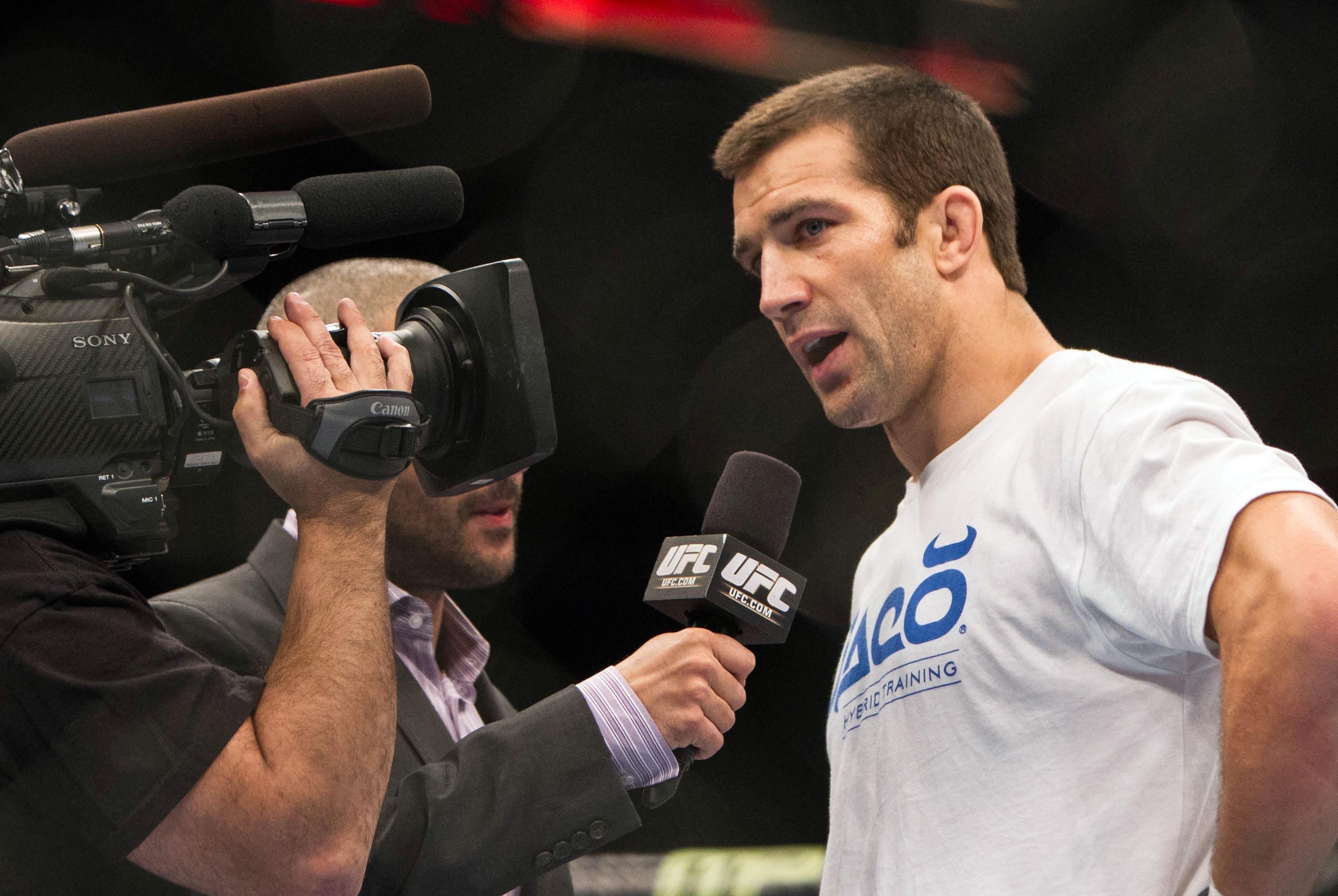 Jan 15, 2014; Duluth, GA, USA; Luke Rockhold is interviewed after his win against Costas Philippou (not pictured) at Gwinnett Center. Rockhold wins. Mandatory Credit: Joshua S. Kelly-USA TODAY Sports