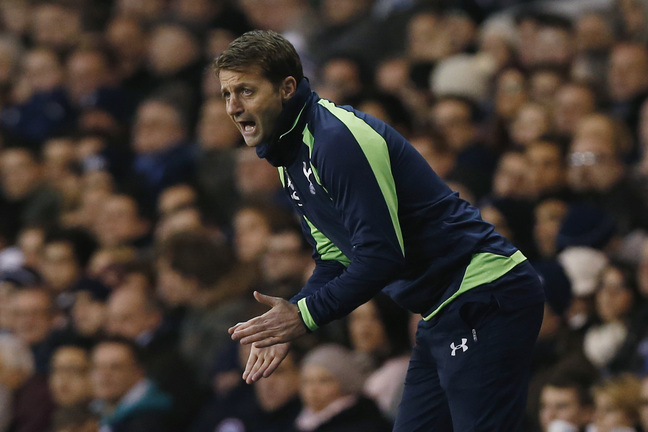 Tottenham Hotspur's manager Tim Sherwood shouts out to his players as he watches his team play against Stoke City during their English Premier League soccer match at White Hart Lane, London, Sunday, Dec. 29, 2013. (AP Photo/Sang Tan)