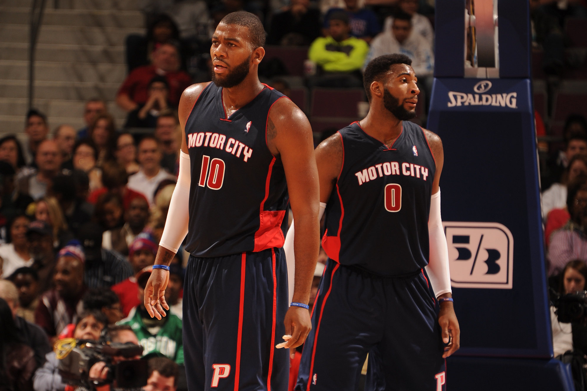 AUBURN HILLS, MI - NOVEMBER 3: Greg Monroe #10 and Andre Drummond #0 of the Detroit Pistons looks on against the Boston Celtics  during the game on November 3, 2013 at The Palace of Auburn Hills in Auburn Hills, Michigan. NOTE TO USER: User expressly acknowledges and agrees that, by downloading and/or using this photograph, User is consenting to the terms and conditions of the Getty Images License Agreement.  Mandatory Copyright Notice: Copyright 2013 NBAE (Photo by Dan Lippitt/NBAE via Getty Images)