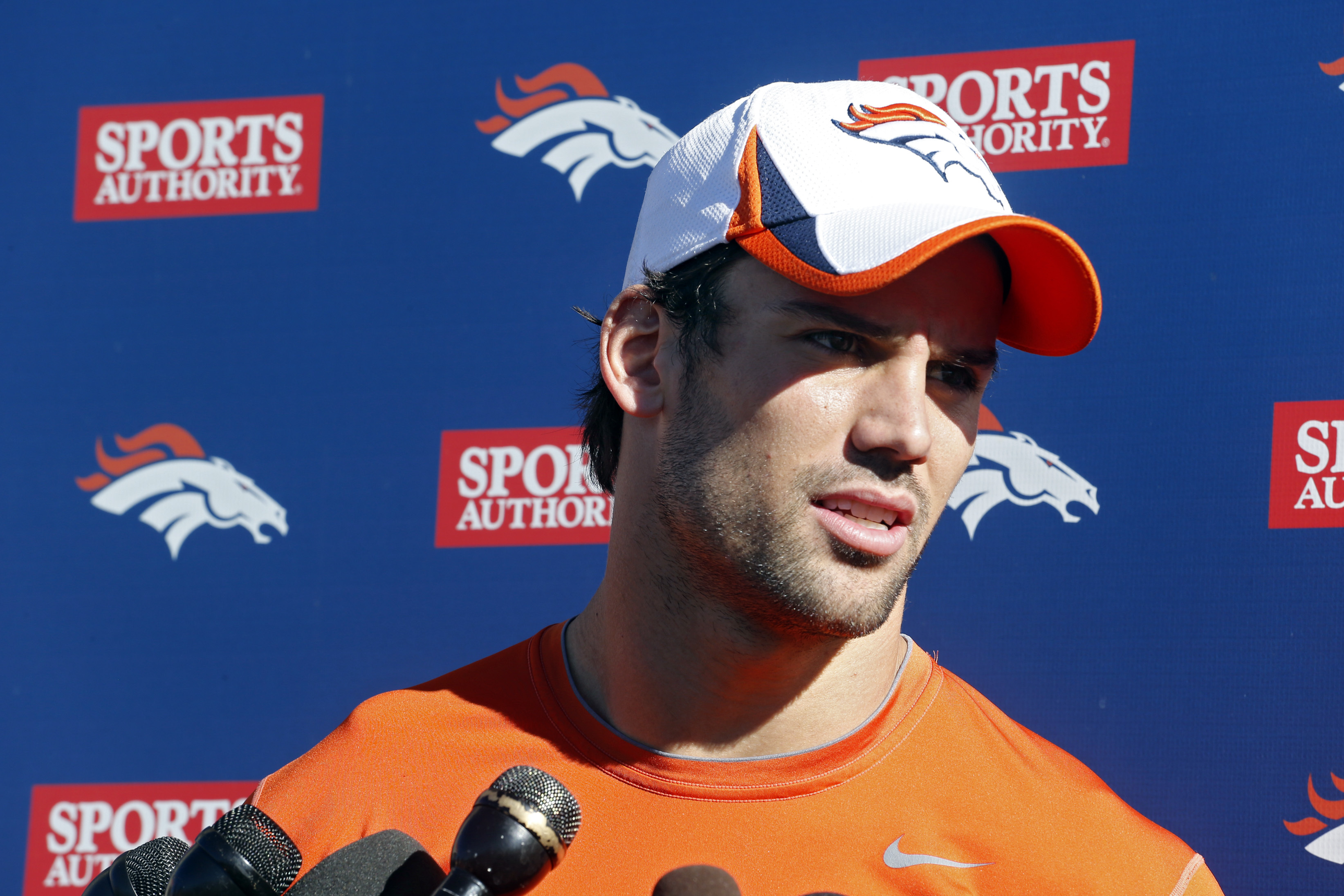 Denver Broncos wide receiver Eric Decker talks to the media after NFL football practice at the team's training facility in Englewood, Colo., on Friday, Jan. 24, 2014. The Broncos are scheduled to play the Seattle Seahawks in Super Bowl XLVIII on Feb. 2. (AP Photo/Ed Andrieski)