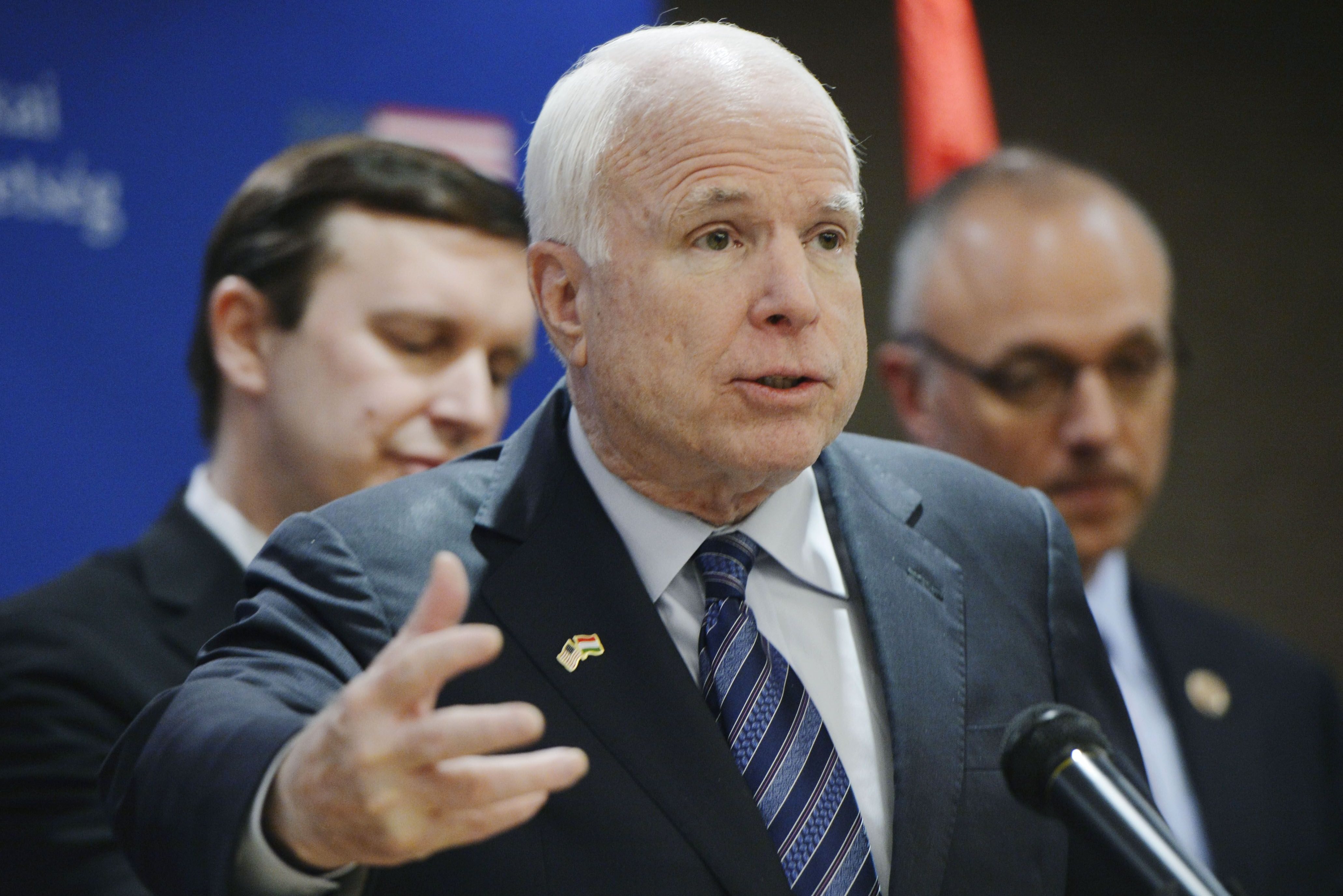 U. S. Senator John McCain, R-Ariz, attends a press conference in Budapest, Hungary, Friday, Jan. 31, 2014. (AP Photo/MTI, Laszlo Beliczay)