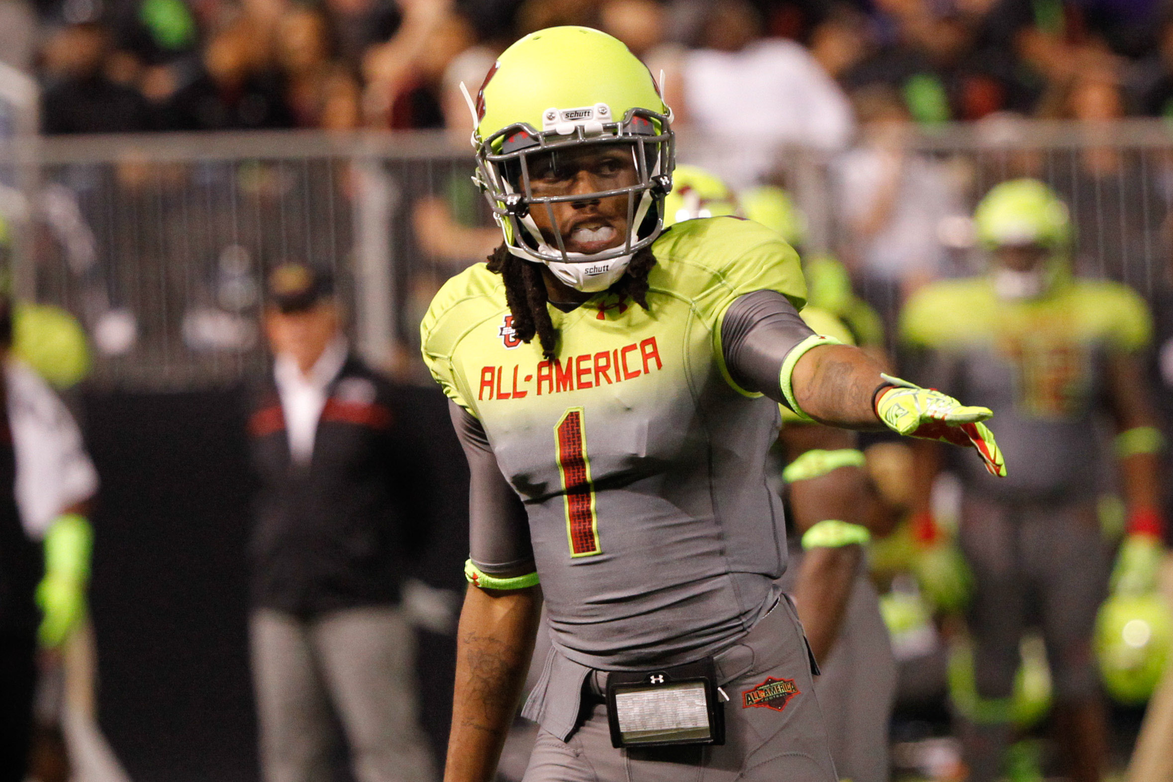 Jan 2, 2014; St. Petersburg, FL, USA; Team Nitro wide receiver Ermon Lane (1) during the first half at Tropicana Field. Mandatory Credit: Kim Klement-USA TODAY Sports