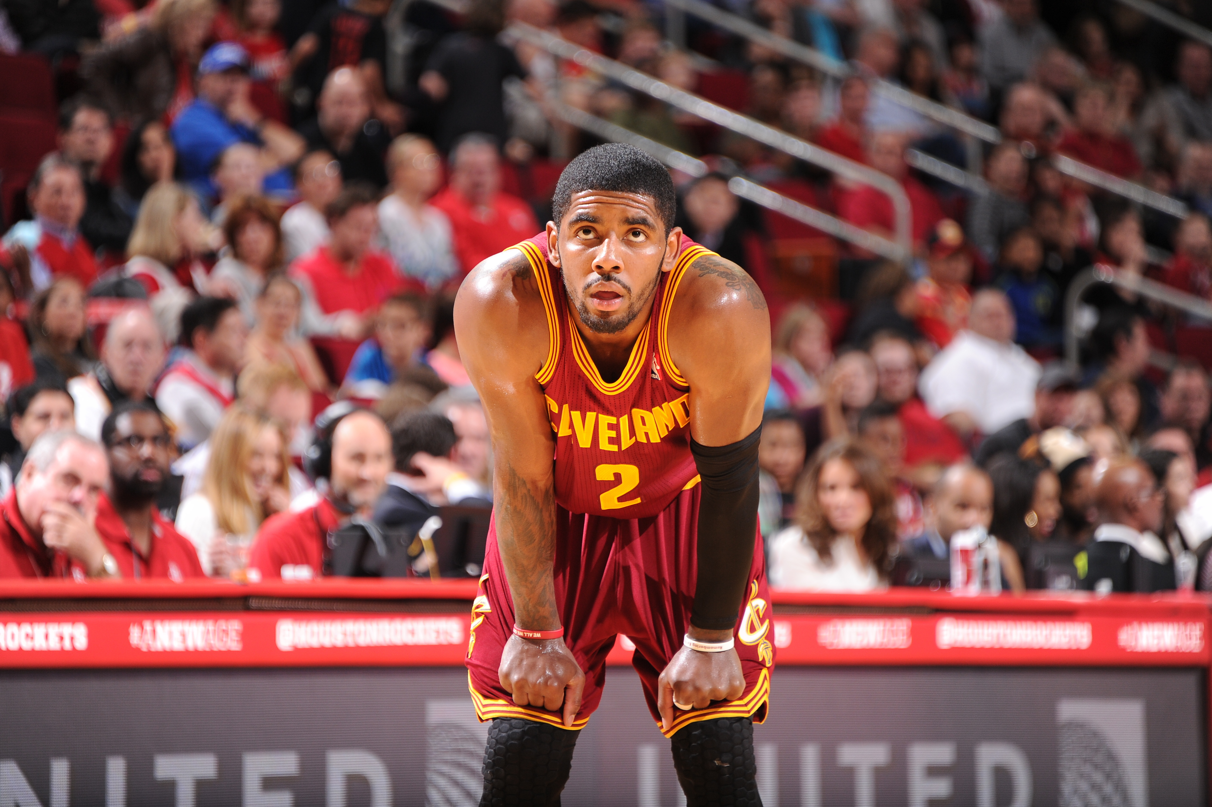 HOUSTON, TX - FEBRUARY 1:  Kyrie Irving #2 of the Cleveland Cavaliers reacts to a play against the Houston Rockets on February 1, 2014 at the Toyota Center in Houston, Texas. NOTE TO USER: User expressly acknowledges and agrees that, by downloading and or using this photograph, User is consenting to the terms and conditions of the Getty Images License Agreement. Mandatory Copyright Notice: Copyright 2014 NBAE (Photo by Bill Baptist/NBAE via Getty Images)