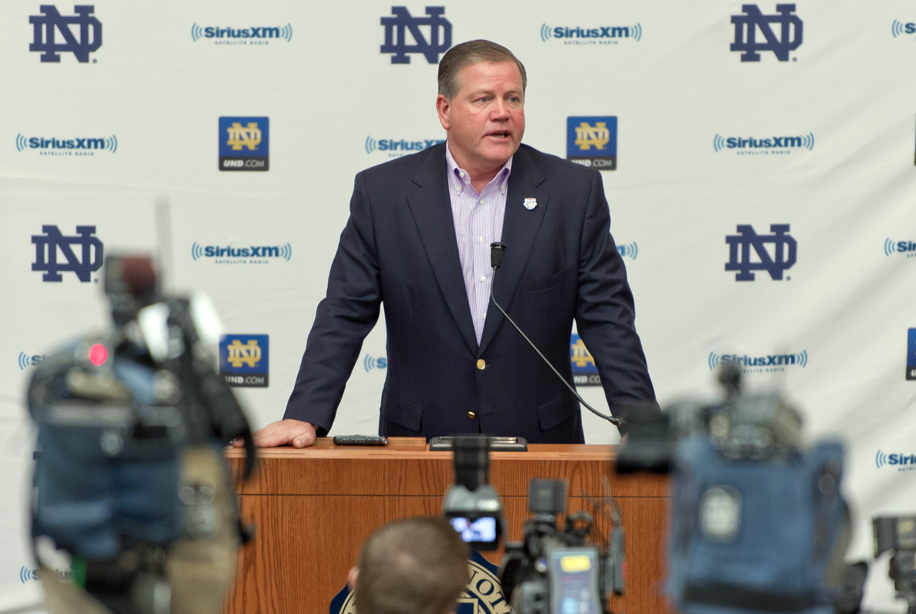 Dec 17, 2012; South Bend, IN, USA; Notre Dame Fighting Irish head football coach Brian Kelly addresses the media at the Notre Dame BCS national championship media day at the Guglielmino Athletics Complex. Mandatory Credit: Matt Cashore-USA TODAY Sports