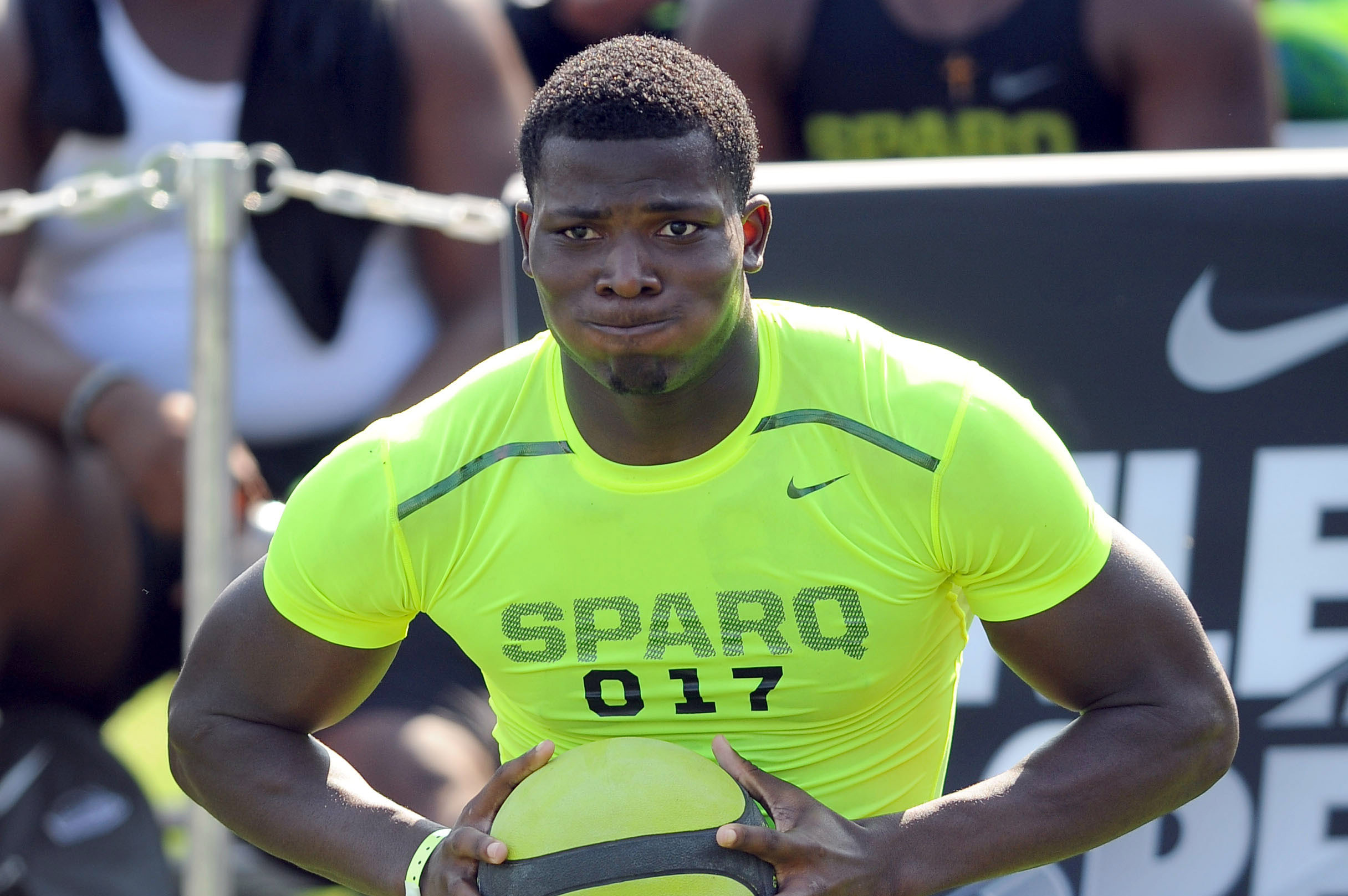 Jul 1, 2013; Beaverton, OR, USA;  Lorenzo Carter does the powerball drill during the SPARQ Rating National Championship at Nike World Headquarters in Beaverton, Oregon on Monday July, 1, 2013. Mandatory Credit: Steve Dykes-USA TODAY Sports