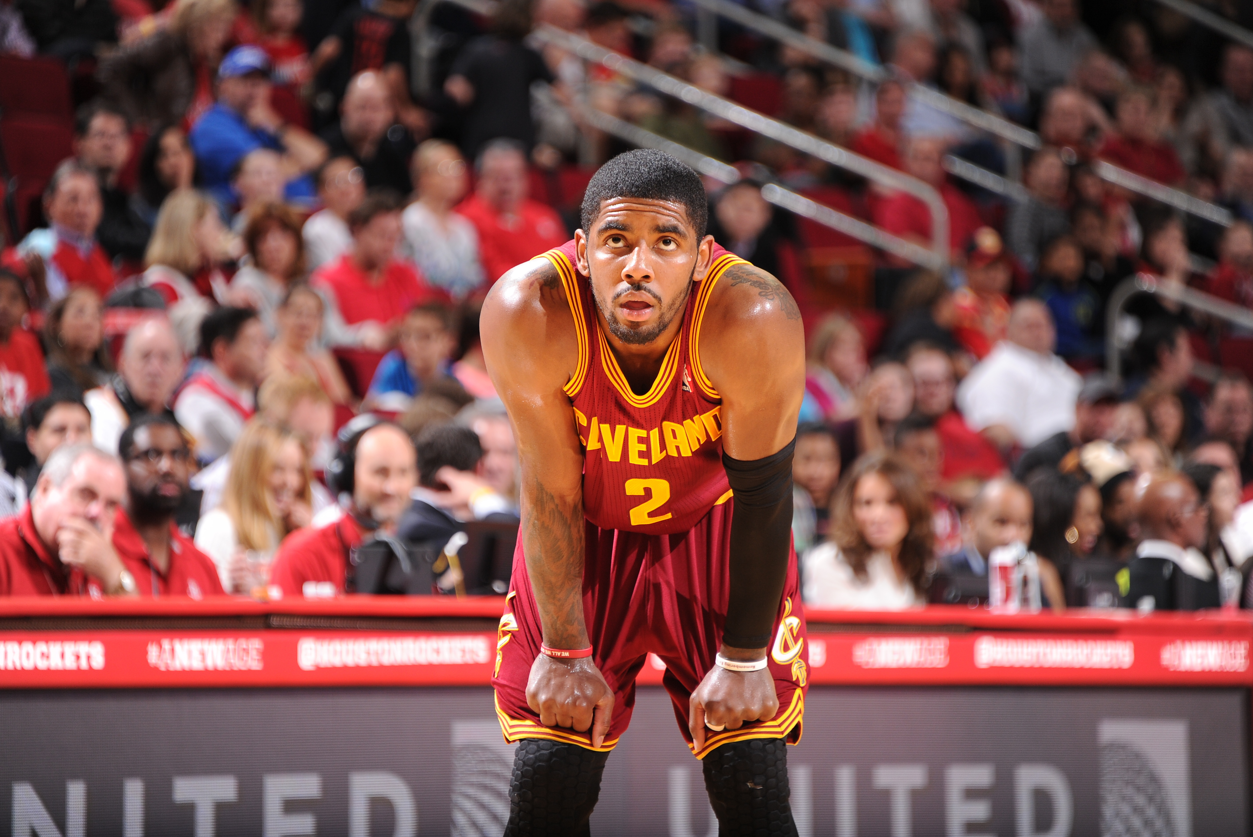 HOUSTON, TX - FEBRUARY 1:  Kyrie Irving #2 of the Cleveland Cavaliers reacts to a play against the Houston Rockets on February 1, 2014 at the Toyota Center in Houston, Texas. NOTE TO USER: User expressly acknowledges and agrees that, by downloading and or using this photograph, User is consenting to the terms and conditions of the Getty Images License Agreement. Mandatory Copyright Notice: Copyright 2014 NBAE (Photo by Bill Baptist/NBAE via Getty Images)