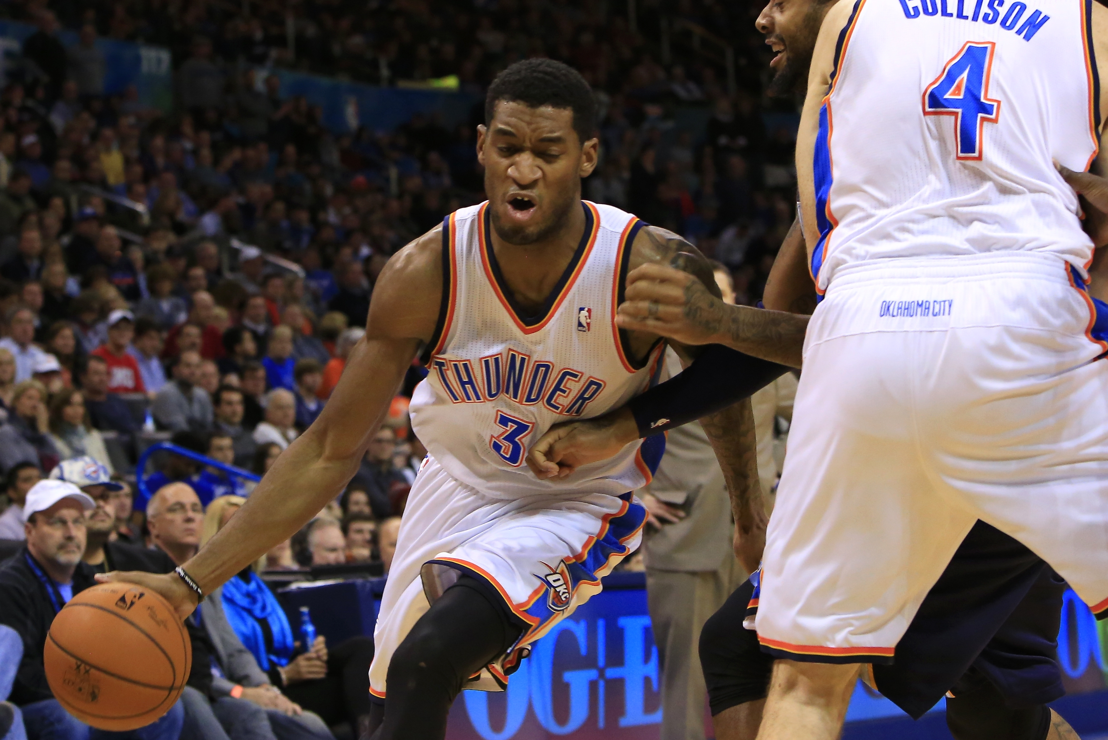 Oklahoma City Thunder small forward Perry Jones (3) drives to the basket during the third quarter of an NBA basketball game against the Memphis Grizzlies on Monday, Feb. 3, 2014, in Oklahoma City. Oklahoma City won 86-77. (AP Photo/Alonzo Adams)