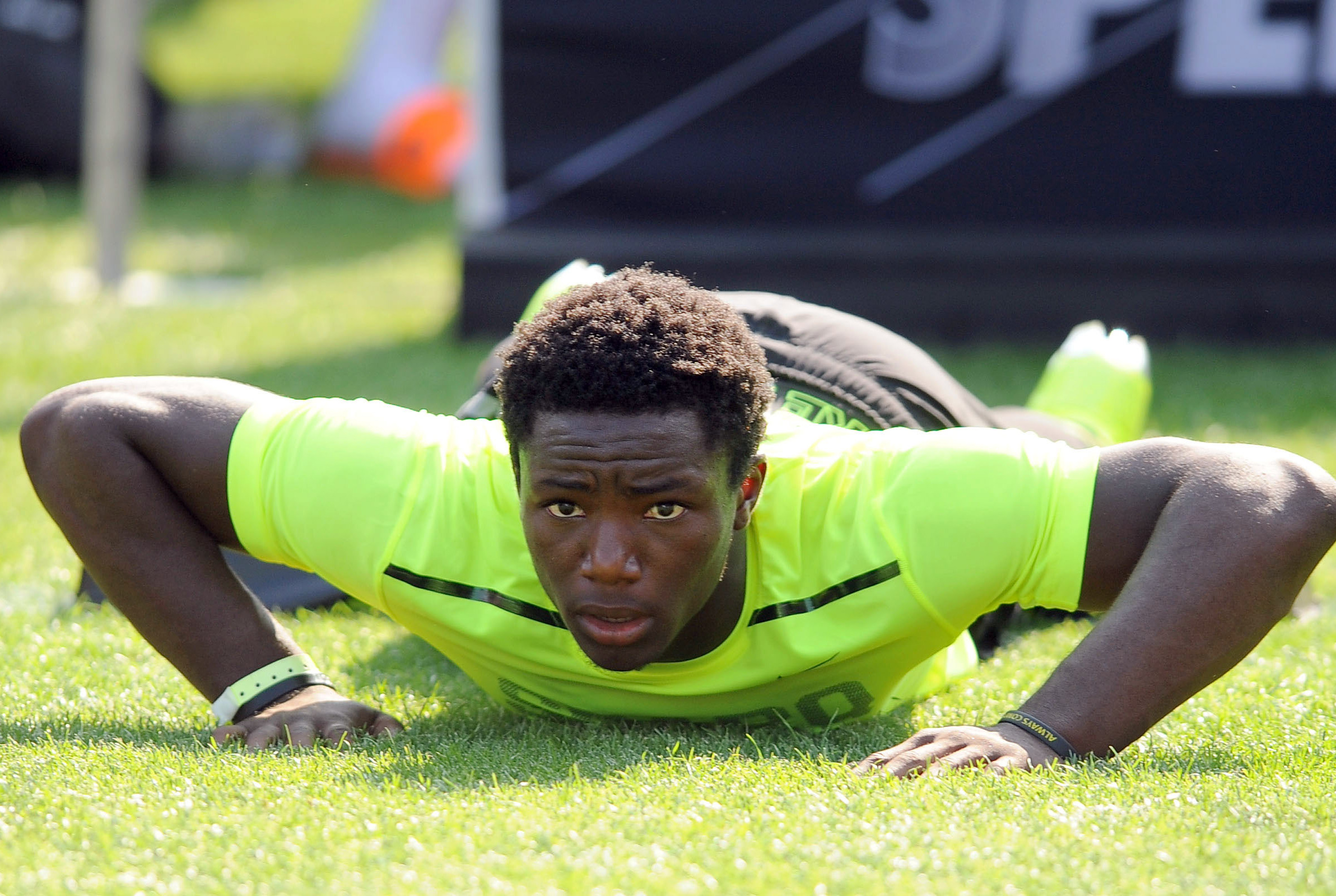 Jul 1, 2013; Beaverton, OR, USA;  Speedy Noil does the powerball drill during the SPARQ Rating National Championship at Nike World Headquarters in Beaverton, Oregon on Monday July, 1, 2013. Mandatory Credit: Steve Dykes-USA TODAY Sports