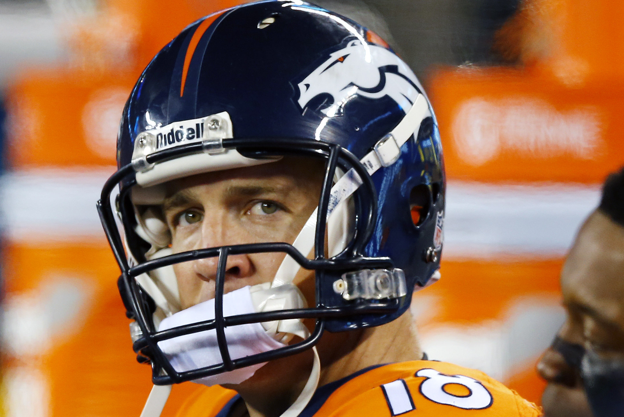 Denver Broncos' Peyton Manning watches from the bench during the second half of the NFL Super Bowl XLVIII football game against the Seattle Seahawks Sunday, Feb. 2, 2014, in East Rutherford, N.J. (AP Photo/Paul Sancya)