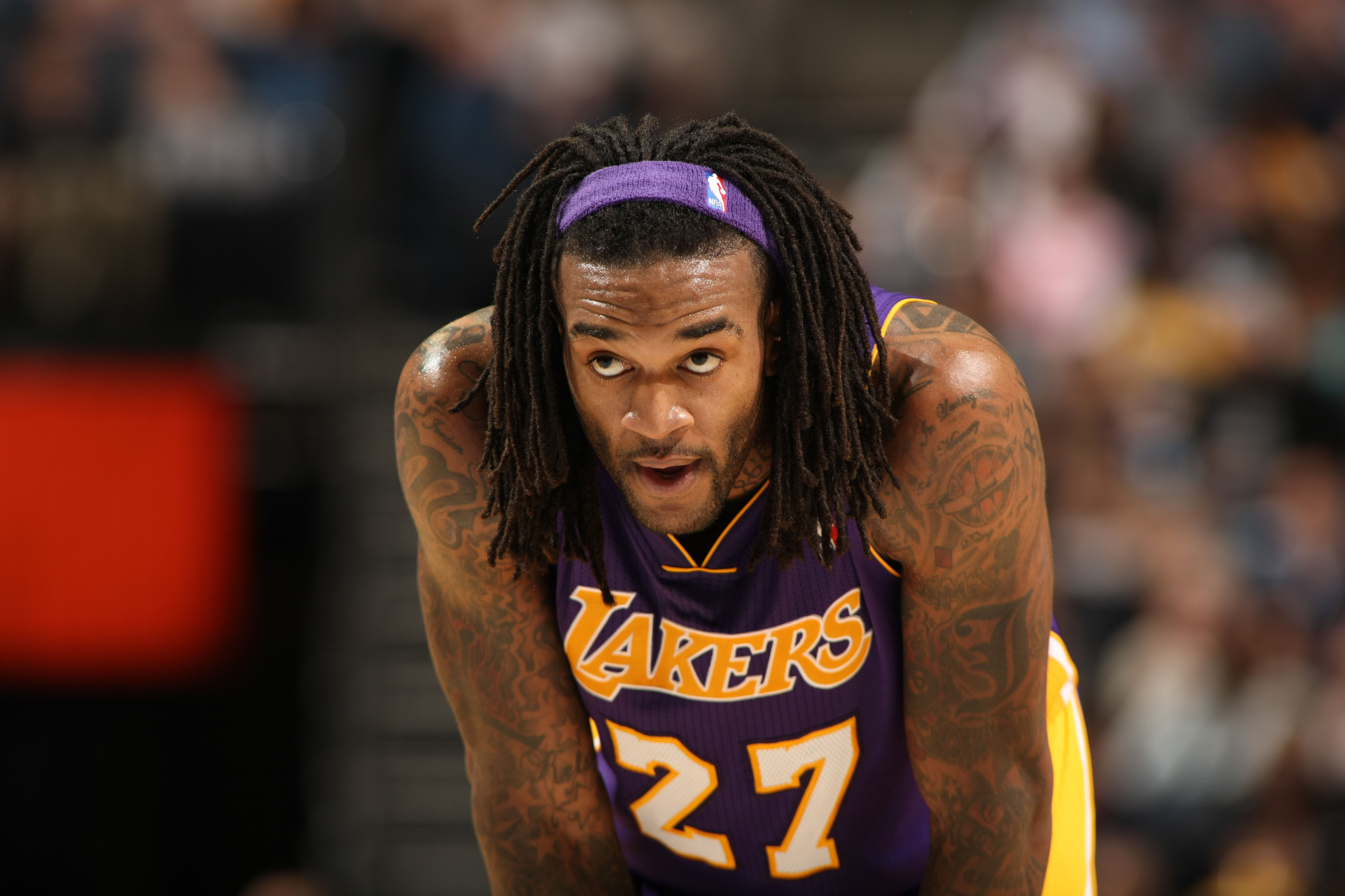 CHARLOTTE, NC - DECEMBER 14:  Jordan Hill #27 of the Los Angeles Lakers during the game against the Charlotte Bobcats at the Time Warner Cable Arena on December 14, 2013 in Charlotte, North Carolina.  NOTE TO USER: User expressly acknowledges and agrees that, by downloading and or using this photograph, User is consenting to the terms and conditions of the Getty Images License Agreement.  Mandatory Copyright Notice:  Copyright 2013 NBAE (Photo by Kent Smith/NBAE via Getty Images)