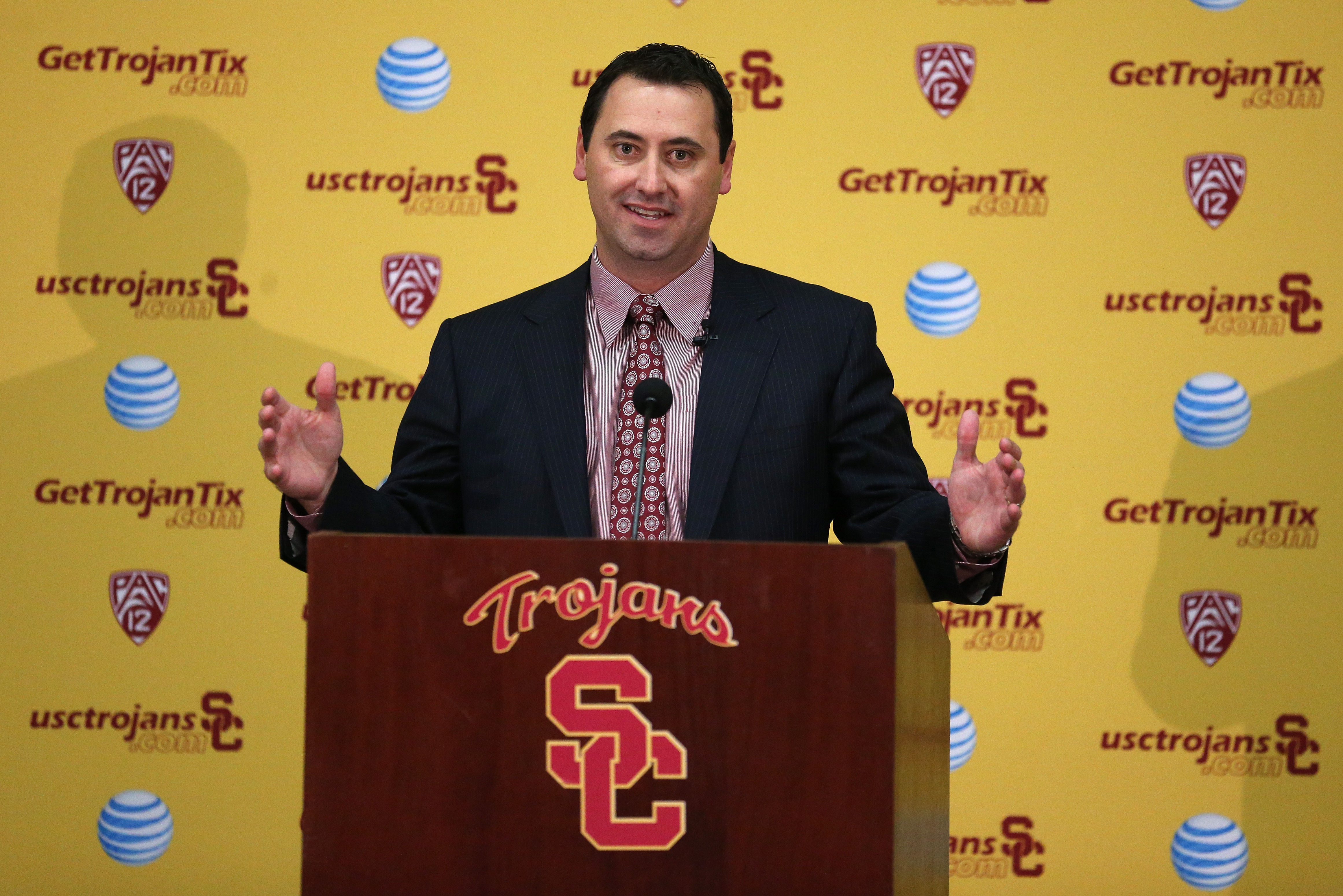 LOS ANGELES, CA - DECEMBER 03:  Steve Sarkisian speaks at a press conference introducing him as the new USC  head football coach at the John McKay Center at the University of Southern California on December 3, 2013 in Los Angeles, California.  (Photo by Stephen Dunn/Getty Images)