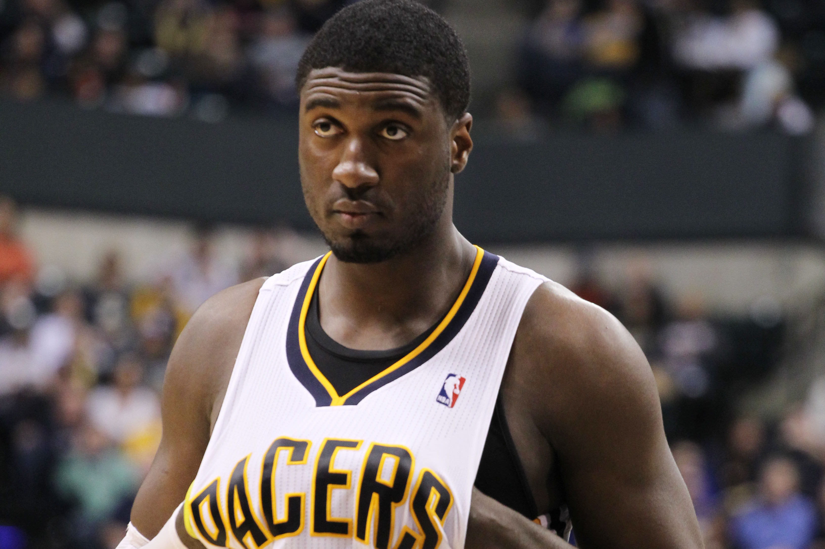 Feb 3, 2014; Indianapolis, IN, USA; Indiana Pacers center Roy Hibbert (55) puts his hands inside his jersey during a game against the Orlando Magic at Bankers Life Fieldhouse. Indiana defeats Orlando 98-79. Mandatory Credit: Brian Spurlock-USA TODAY Sports