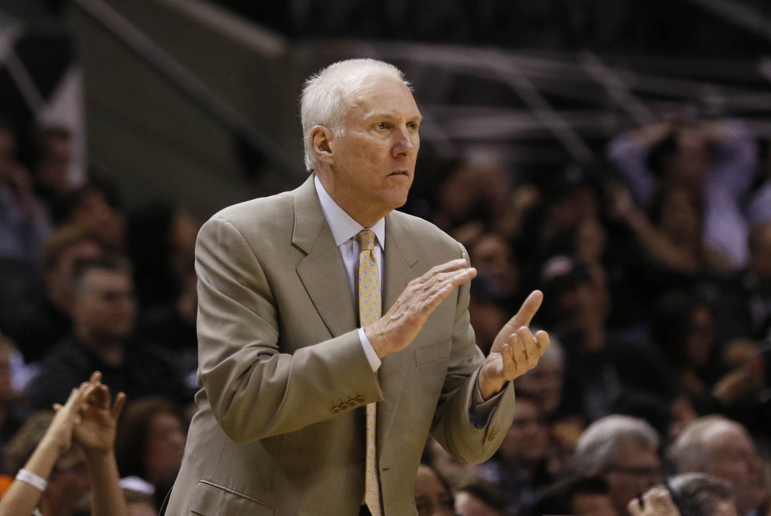 Feb 1, 2014; San Antonio, TX, USA; San Antonio Spurs head coach Gregg Popovich reacts during the second half against the Sacramento Kings at AT&T Center. The Spurs won 95-93. Mandatory Credit: Soobum Im-USA TODAY Sports