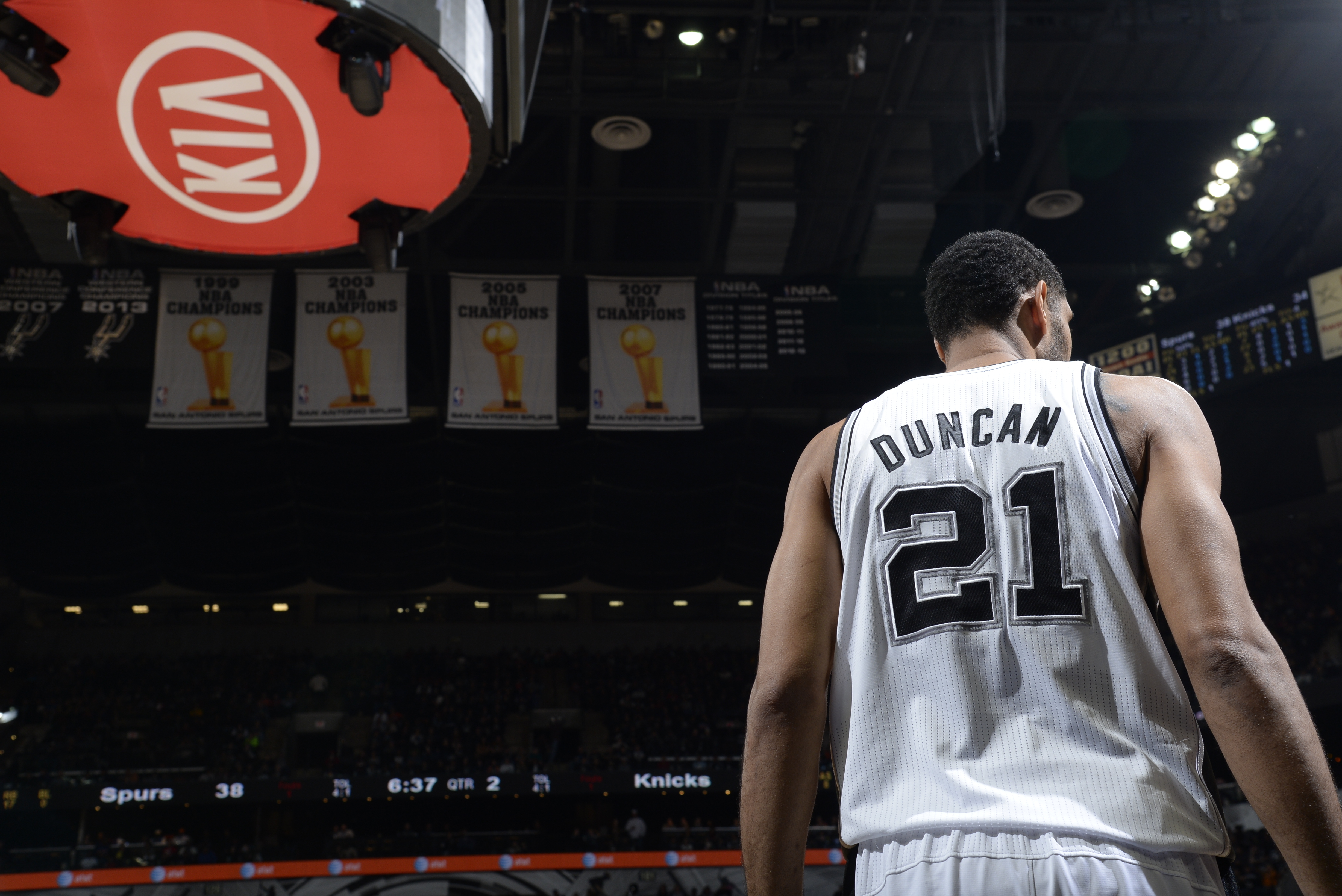 SAN ANTONIO, TX - January 2: Tim Duncan #21 of the San Antonio Spurs looks on during the game against the New York Knicks at the AT&T Center on January 2, 2014 in San Antonio, Texas. NOTE TO USER: User expressly acknowledges and agrees that, by downloading and or using this photograph, user is consenting to the terms and conditions of the Getty Images License Agreement. Mandatory Copyright Notice: Copyright 2014 NBAE (Photos by D. Clarke Evans/NBAE via Getty Images)