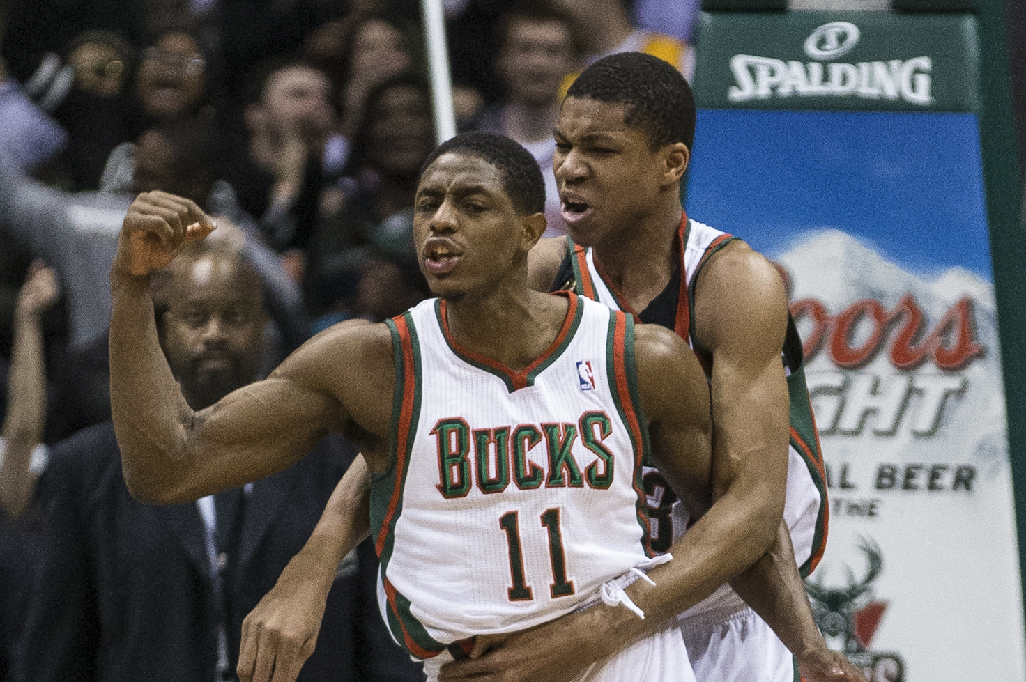 Milwaukee Bucks' Brandon Knight and teammate Giannis Antetokounmpo react to Knight's game winning three pointer against the New York Knicks during the second half of an NBA basketball game Monday, Feb. 3, 2014, in Milwaukee. The Bucks defeated the Knicks 101-98. (AP Photo/Tom Lynn)