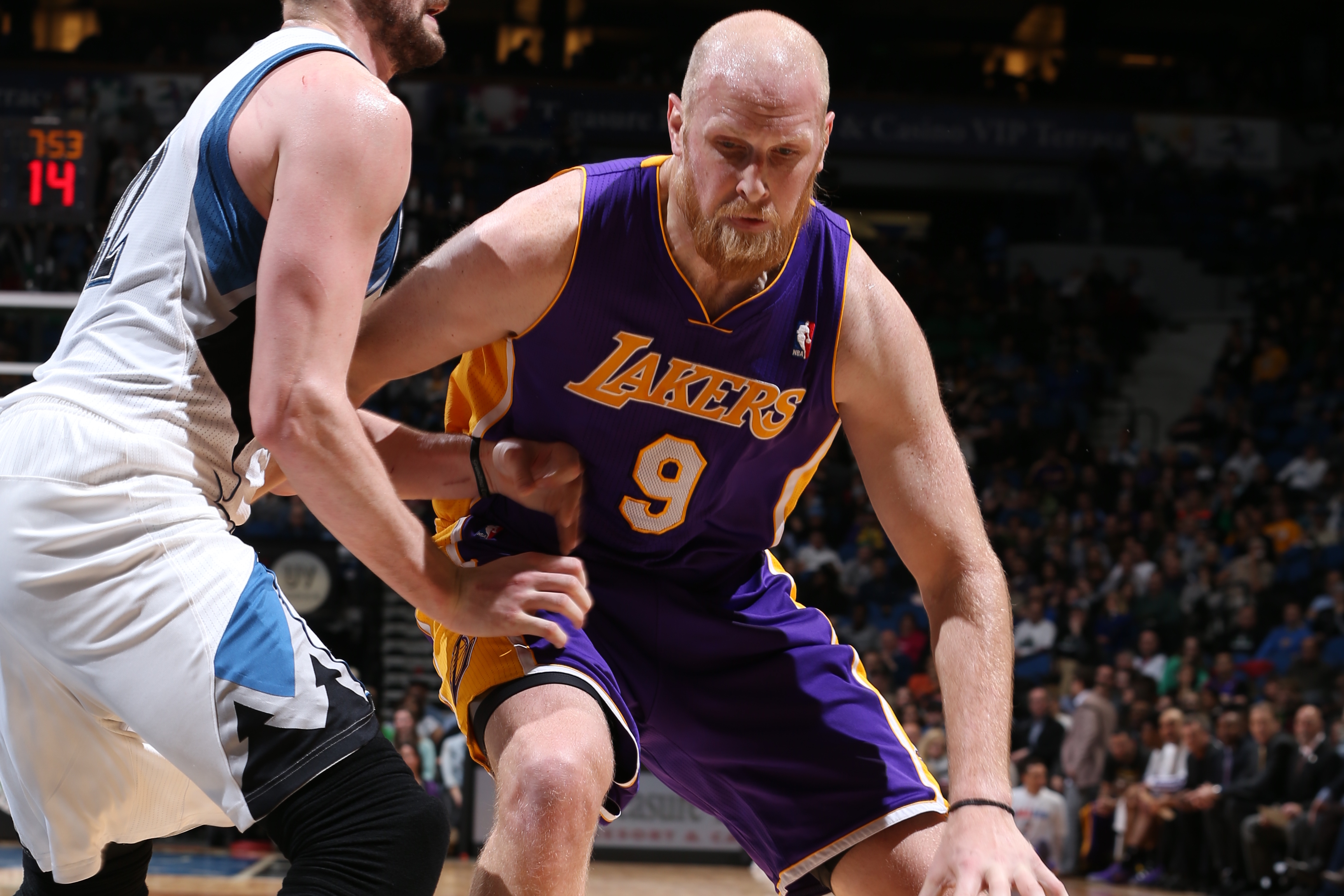 MINNEAPOLIS, MN - FEBRUARY 4:  Chris Kaman #9 of the Los Angeles Lakers handling the ball during a game against the Minnesota TImberwolves on February 4, 2014 at Target Center in Minneapolis, Minnesota. NOTE TO USER: User expressly acknowledges and agrees that, by downloading and or using this Photograph, user is consenting to the terms and conditions of the Getty Images License Agreement. Mandatory Copyright Notice: Copyright 2014 NBAE (Photo by David Sherman/NBAE via Getty Images)