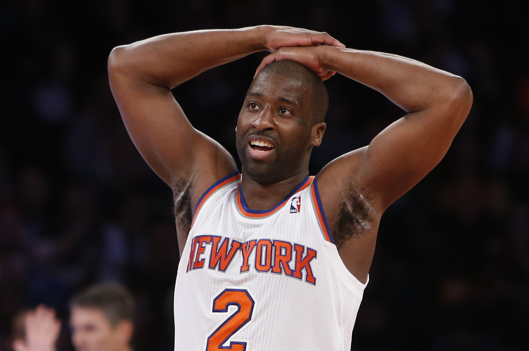New York Knicks' Raymond Felton (2) reacts during the second half of an NBA basketball game against the Miami Heat Saturday, Feb. 1, 2014, in New York.  Miami won 106-91.  (AP Photo/Jason DeCrow)