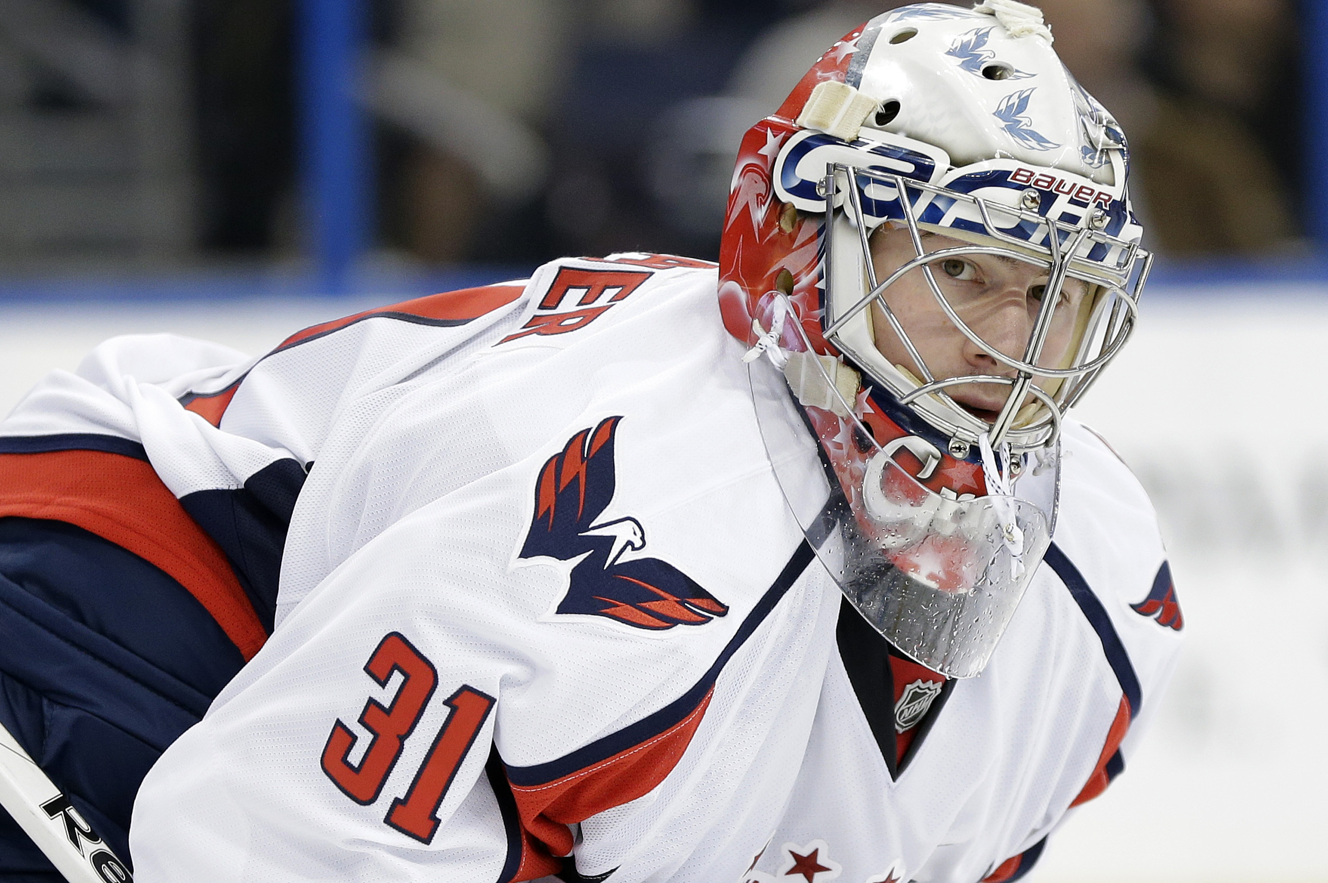Washington Capitals goalie Philipp Grubauer (31), of Germany, against the Tampa Bay Lightning during the second period of an NHL hockey game Thursday, Jan. 9, 2014, in Tampa, Fla. (AP Photo/Chris O'Meara)