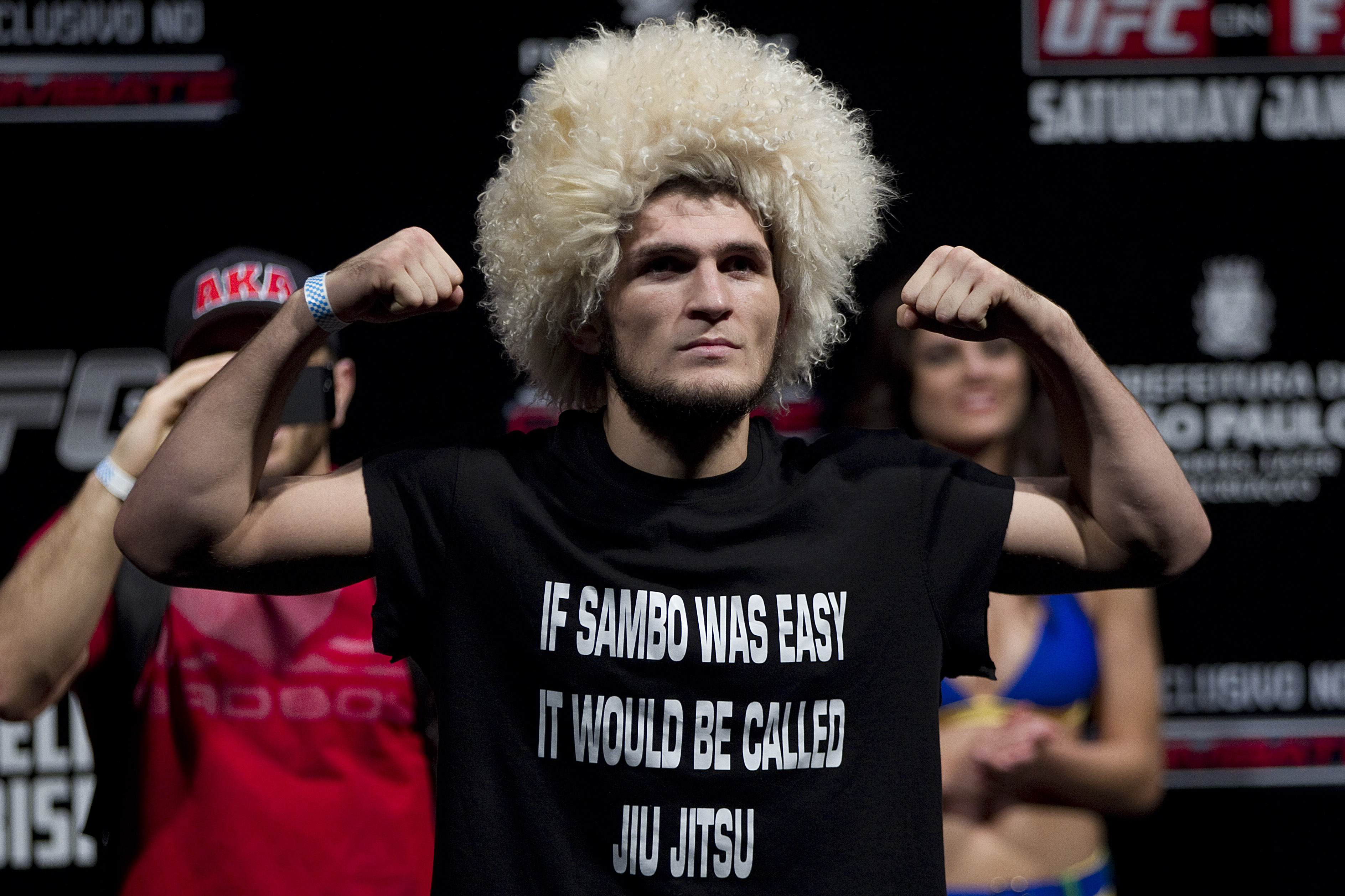 Fighter Khabib Nurmagomedov from the US gestures as he weighs-in for the Ultimate Fighting Championship, UFC, in Sao Paulo, Brazil, Friday, Jan. 18, 2013. Nurmagomedov will compete in UFC in Sao Paulo on Jan. 19. (AP Photo/Andre Penner)