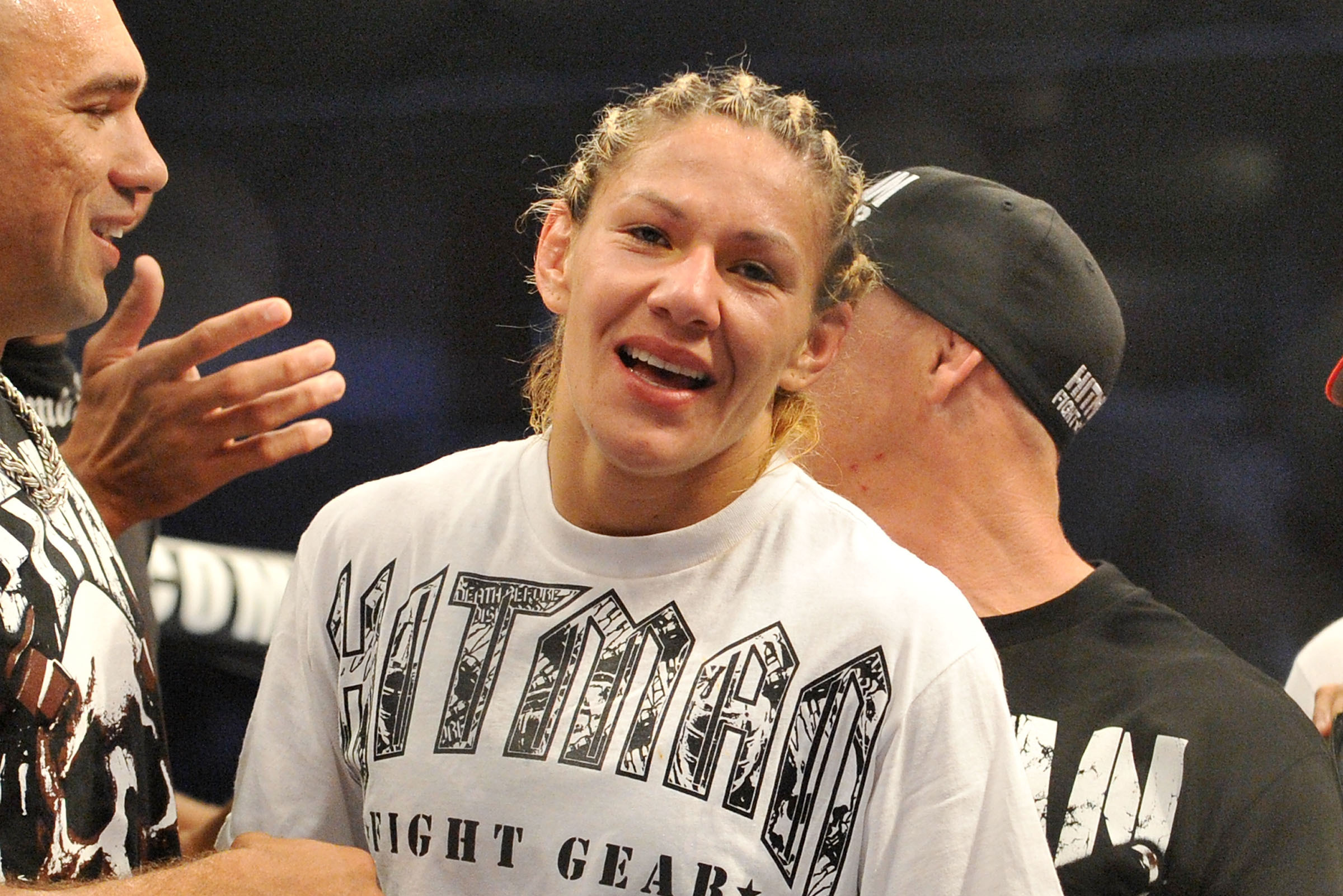 SAN JOSE, CA - AUGUST 15:  Cris Cyborg celebrates after defeating Gina Carano during their Middleweight Championship Title fight at Stikeforce: Carano vs. Cyborg on August 15, 2009 in San Jose, California.  (Photo by Jon Kopaloff/Getty Images)