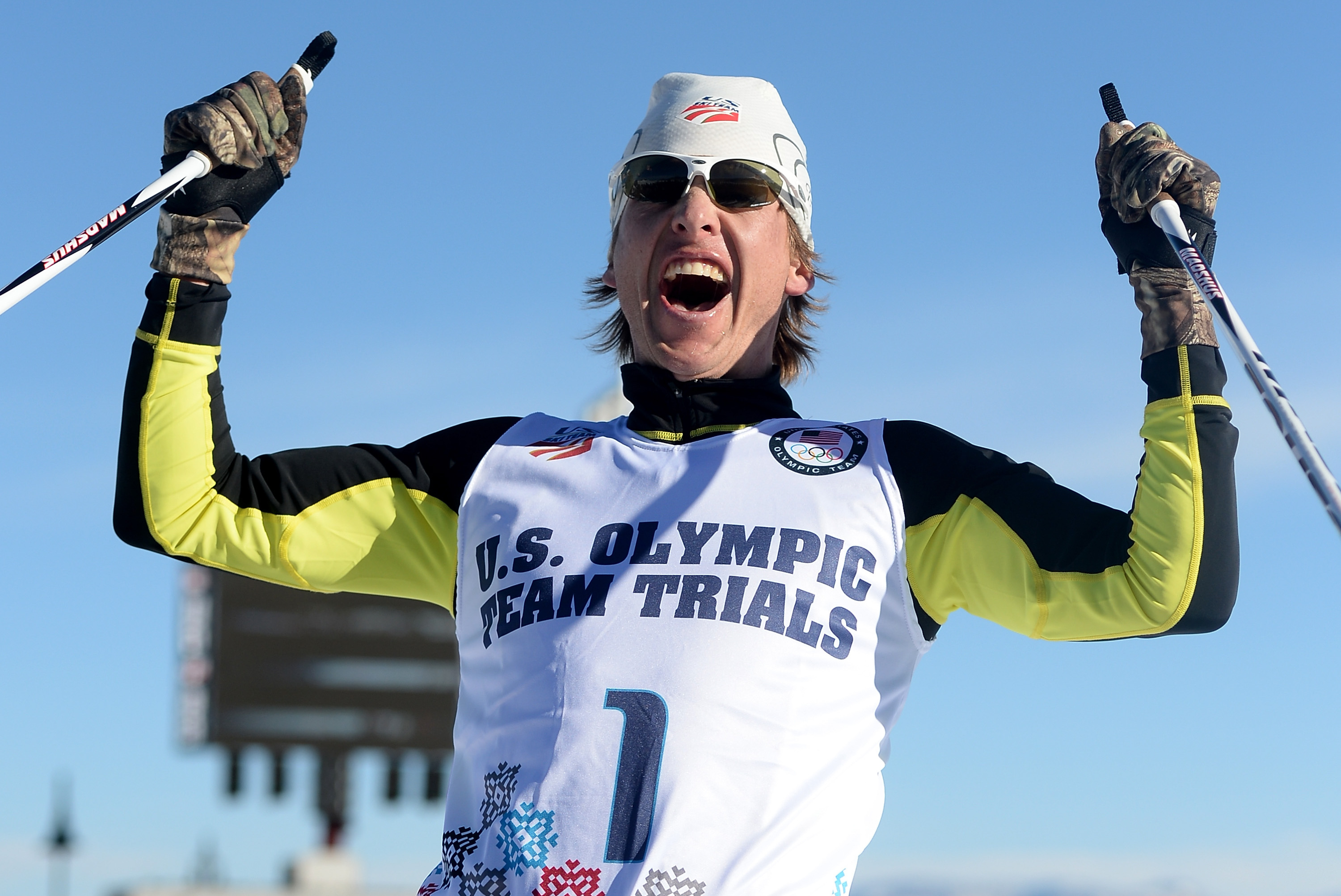 PARK CITY, UT - DECEMBER 28:  Todd Lodwick celebrates his frist place finish in the 10K to secure a place on the United States Olympic team during the Nordic Combined Olympic Trial at Utah Olympic Park on December 28, 2013 in Park City, Utah.  (Photo by Harry How/Getty Images)
