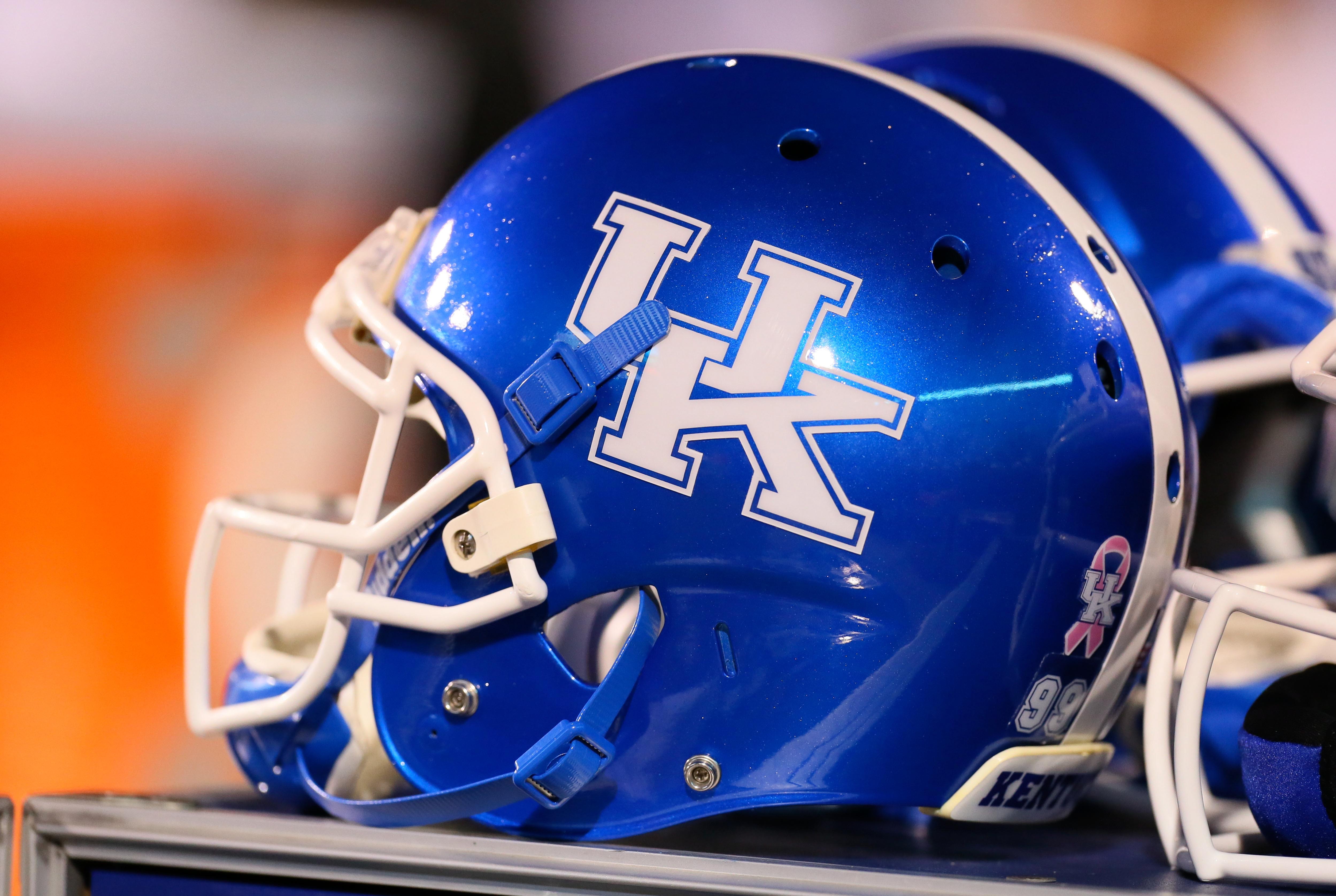 Oct 24, 2013; Starkville, MS, USA; Kentucky Wildcats helmet during the game against the Mississippi State Bulldogs at Davis Wade Stadium. Mississippi State Bulldogs win the game against Kentucky Wildcats 28-22.  Mandatory Credit: Spruce Derden-USA TODAY Sports