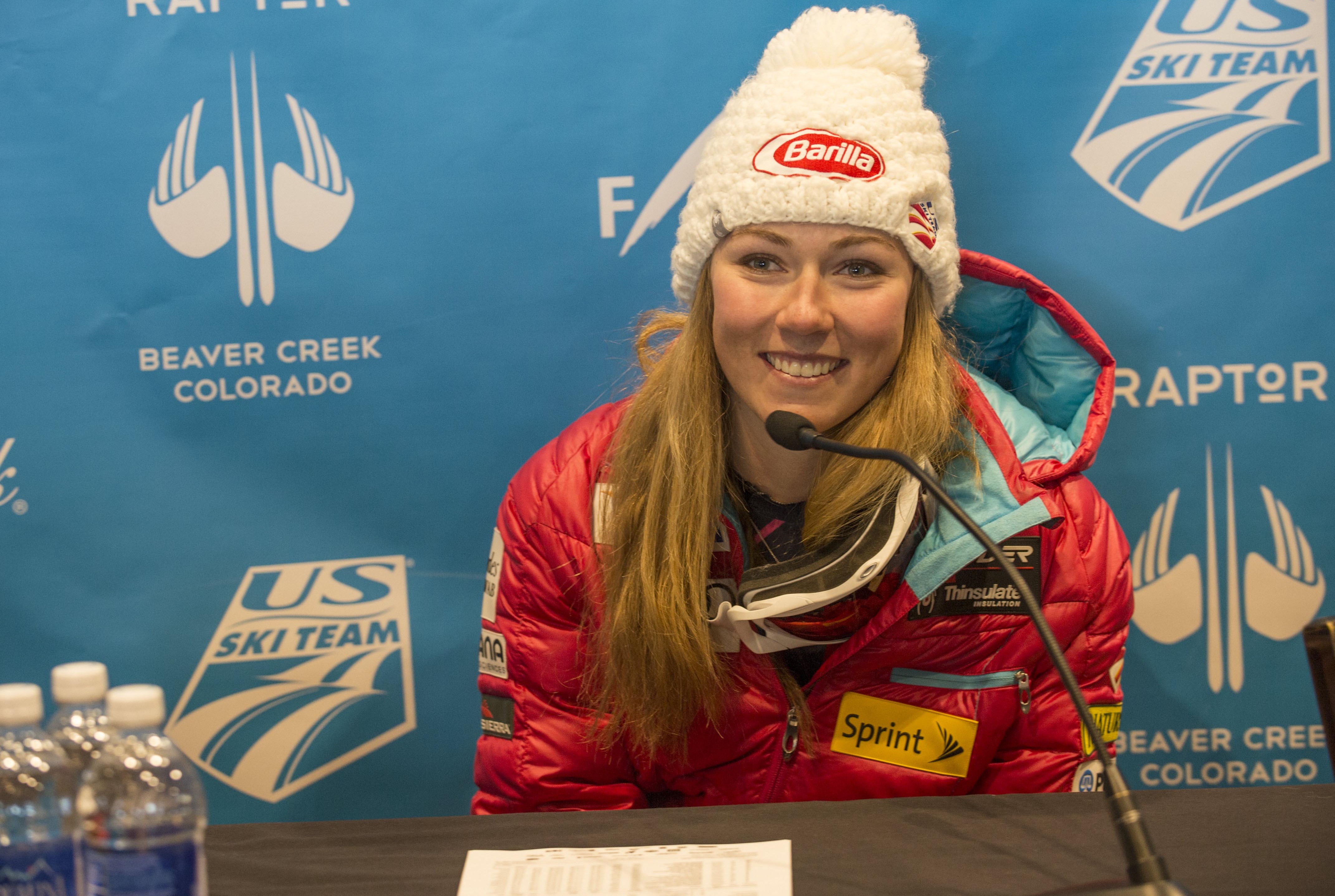 Dec 1, 2013; Beaver Creek, CO, USA; Mikaela Shiffrin (USA) at the press conference after coming in second during the women's giant slalom at the FIS alpine skiing World Cup at Beaver Creek Mountain. Mandatory Credit: Paul Bussi-USA TODAY Sports