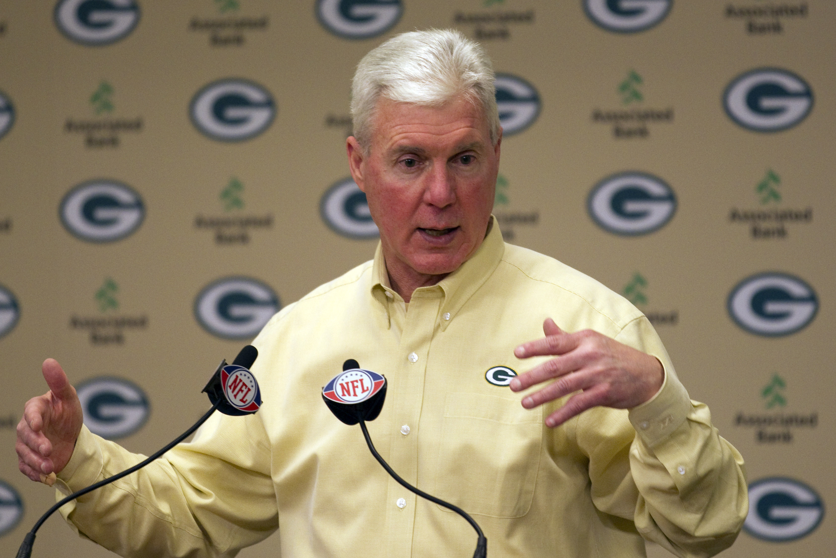 Green Bay Packers general manager Ted Thompson talks about the team's first round draft choice Bryan Bulaga during an NFL Draft event at Lambeau Field Thursday, April 22, 2010, in Green Bay, Wis. (AP Photo/Morry Gash)