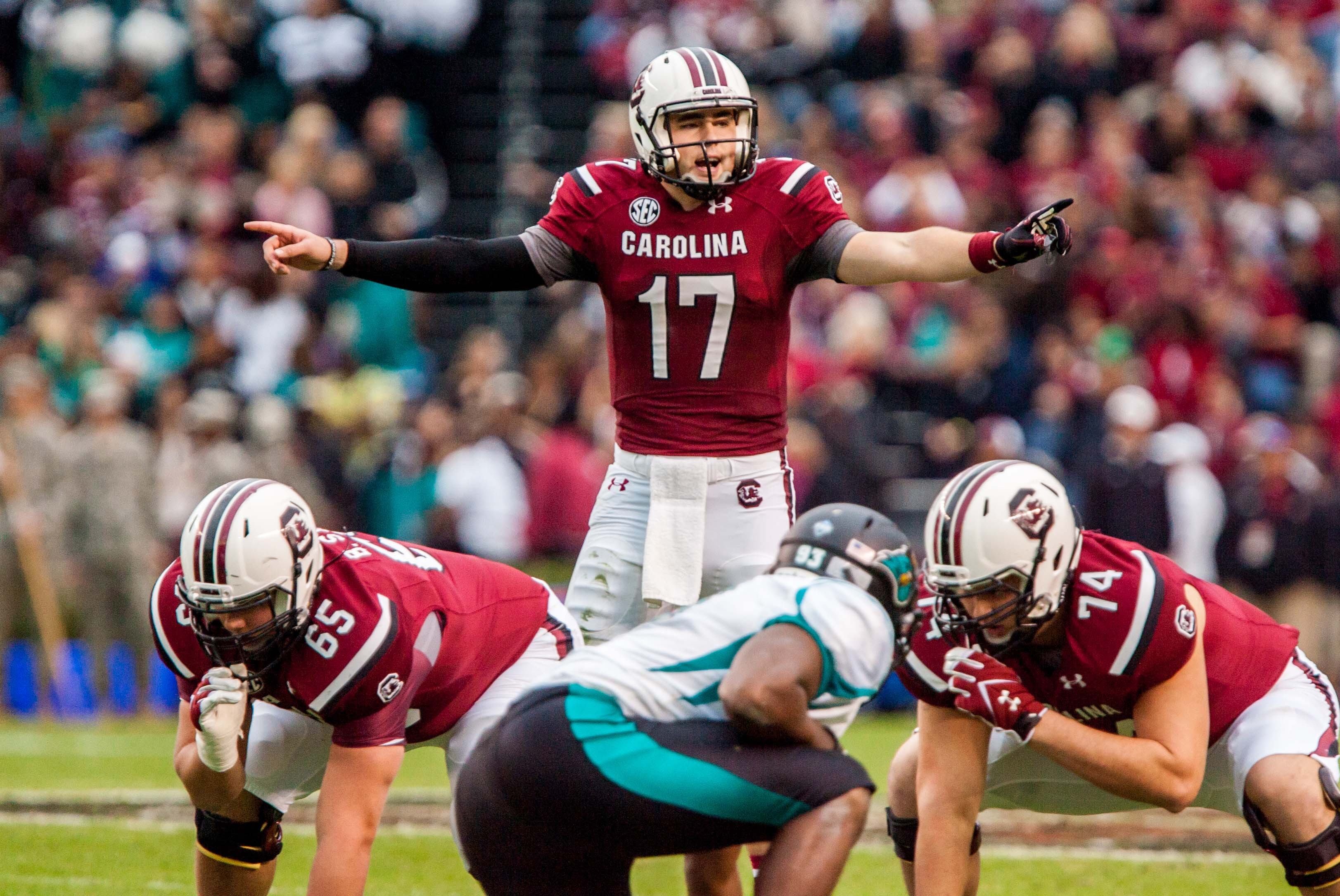 Nov 23, 2013; Columbia, SC, USA; South Carolina Gamecocks quarterback Dylan Thompson (17) calls the play at the line against the Coastal Carolina Chanticleers in the second half at Williams-Brice Stadium. Mandatory Credit: Jeff Blake-USA TODAY
