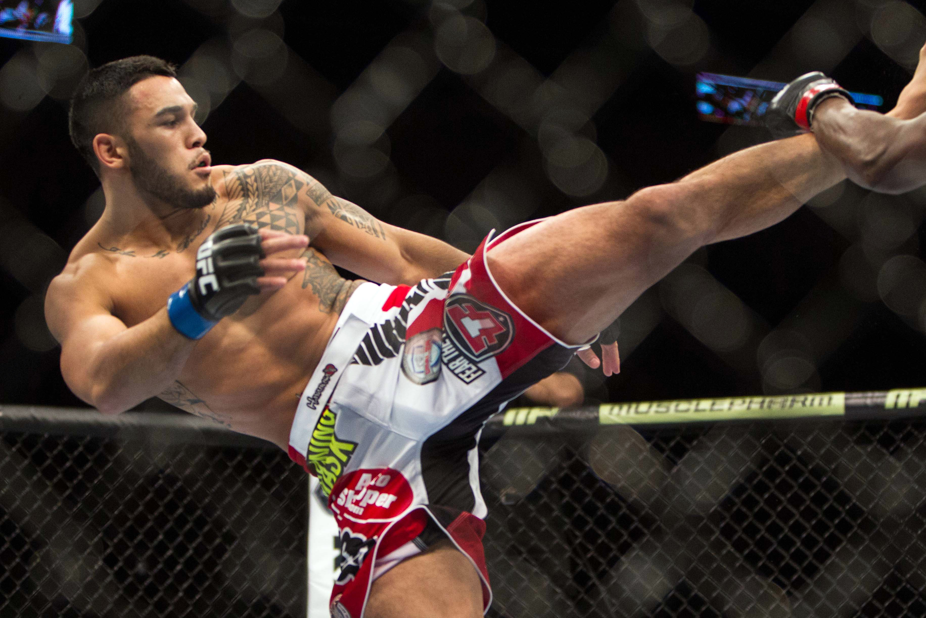 Jan 15, 2014; Duluth, GA, USA; Lorenz Larkin (red gloves) fights Brad Tavares (blue gloves) during UFC Fight Night at Gwinnett Center. Mandatory Credit: Joshua S. Kelly-USA TODAY Sports