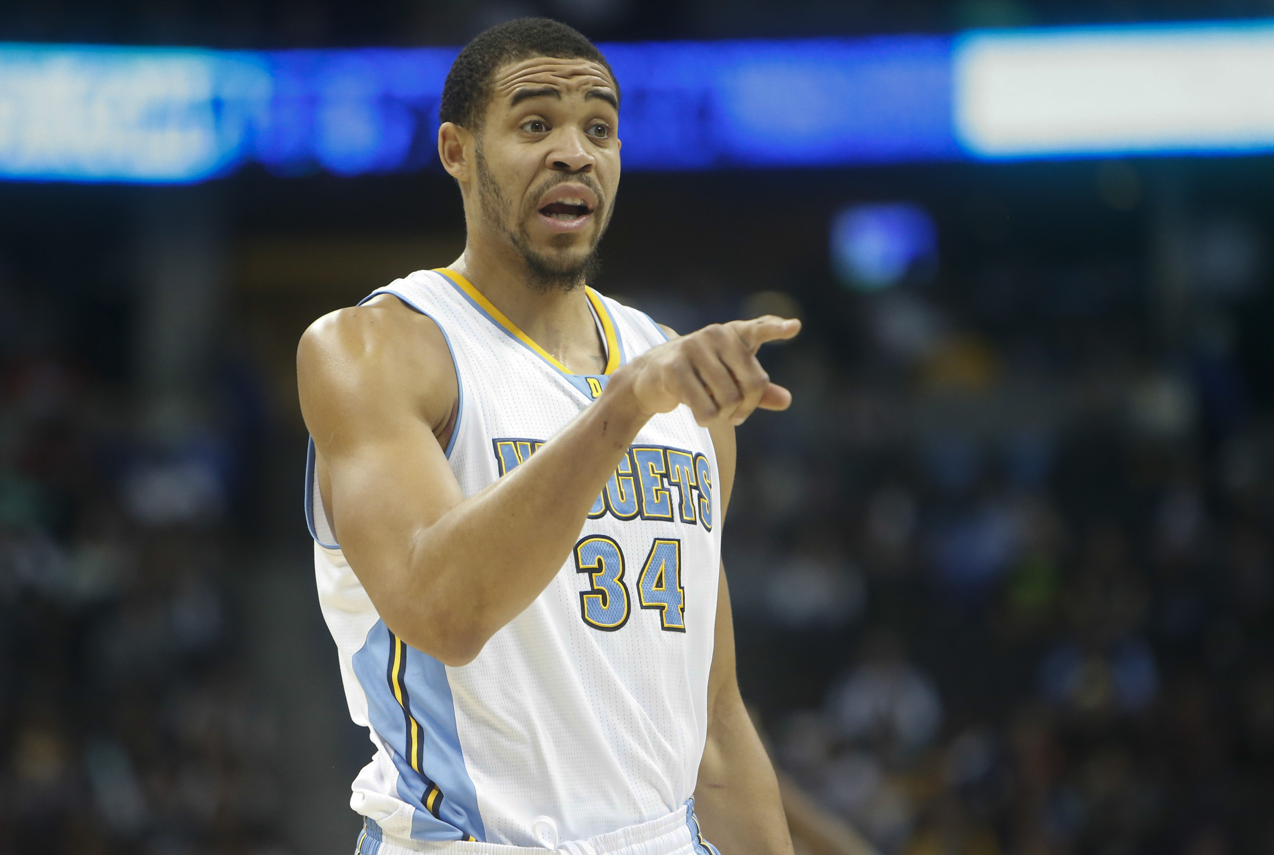 Nov 7, 2013; Denver, CO, USA; Denver Nuggets center JaVale McGee (34) reacts during the first half against the Atlanta Hawks at Pepsi Center. Mandatory Credit: Chris Humphreys-USA TODAY Sports