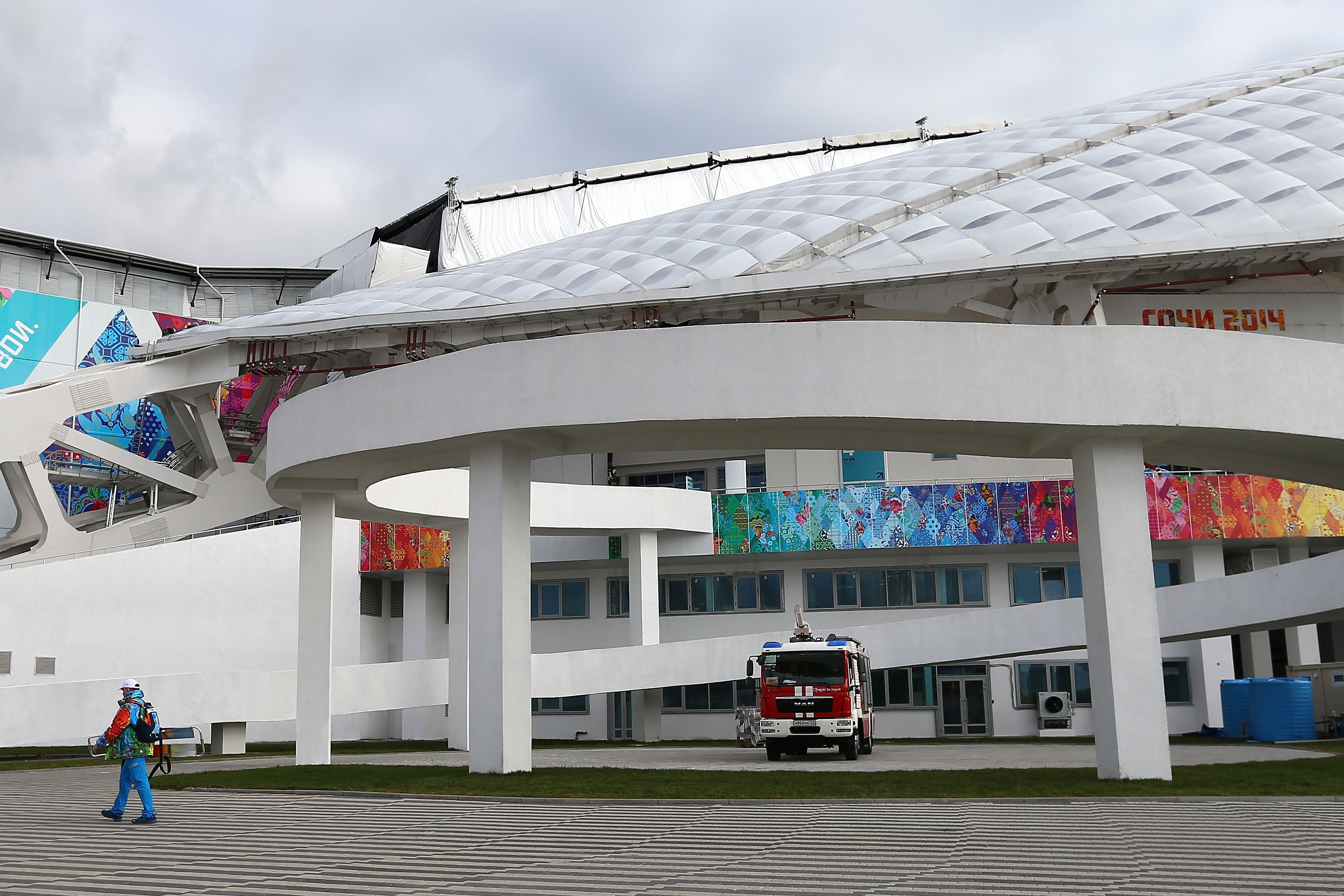 SOCHI, RUSSIA - FEBRUARY 04:  An emergency vehicle sits outside Fisht Olympic Stadium ahead of the Sochi 2014 Winter Olympics at the Olympic Park on February 4, 2014 in Sochi, Russia.  (Photo by Streeter Lecka/Getty Images)