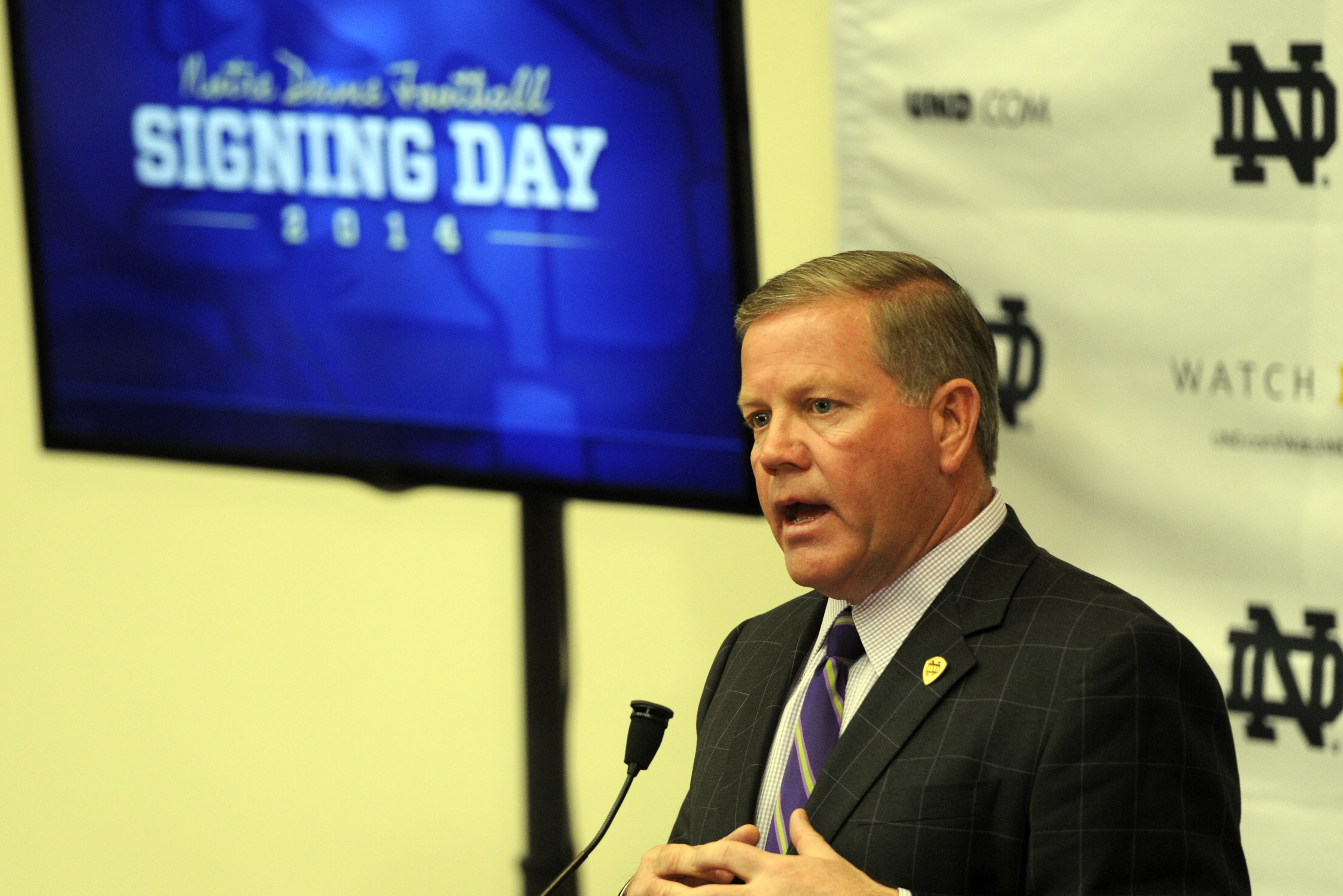 Notre Dame football coach Brian Kelly talks about recruits during football signing day at Notre Dame Feb. 5, 2014 in South Bend, Ind.  (AP Photo/Joe Raymond)