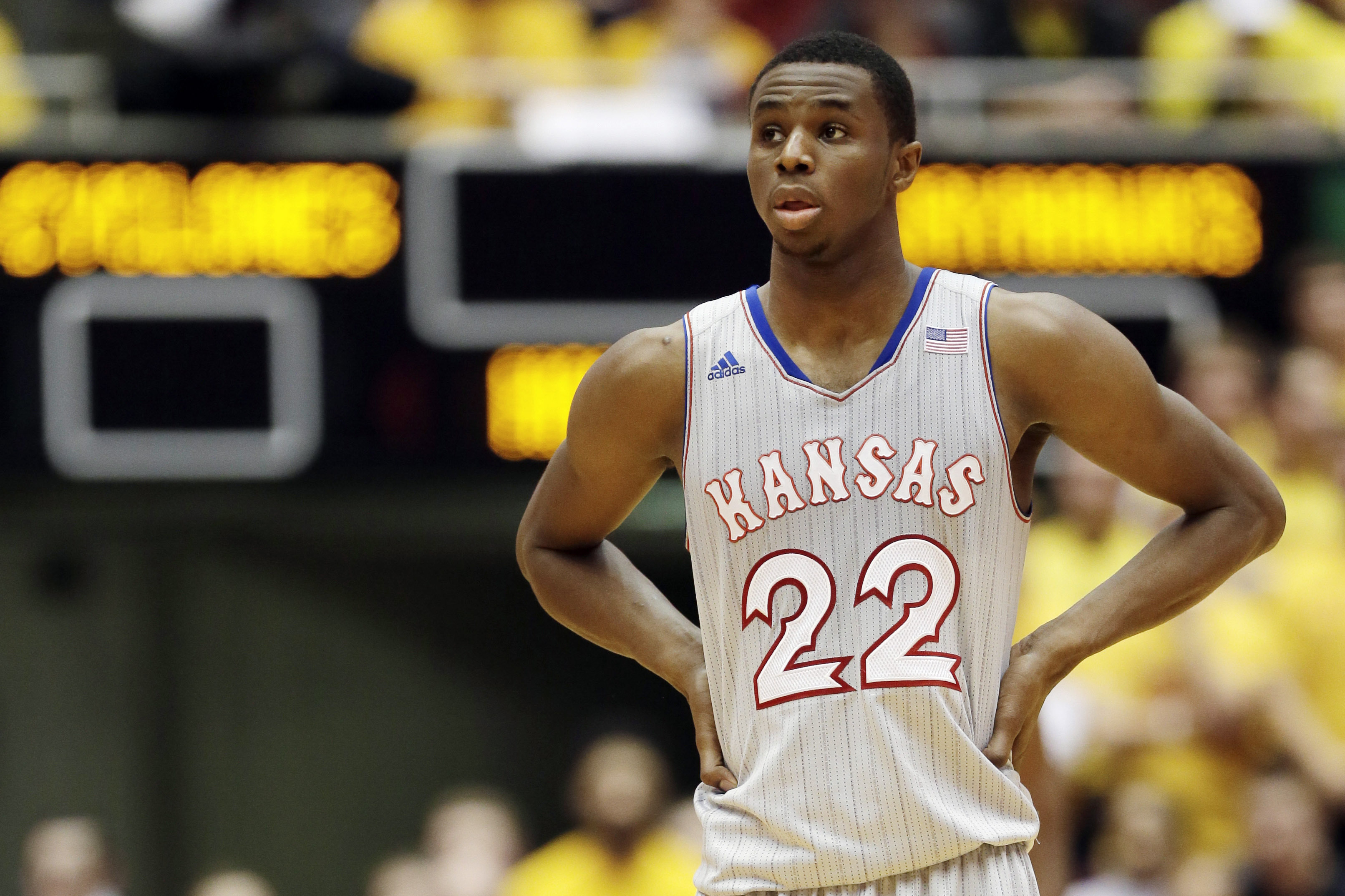 FILE - In this Jan. 13, 2014, file photo, Kansas guard Andrew Wiggins looks on during a break in the second half of an NCAA college basketball game against Iowa State in Ames, Iowa. Just imagine how much criticism Wiggins would be getting if No. 8 Kansas was losing. The Jayhawks have reeled off five straight wins despite their star freshman going through the typical freshman struggles. (AP Photo/Charlie Neibergall, File)