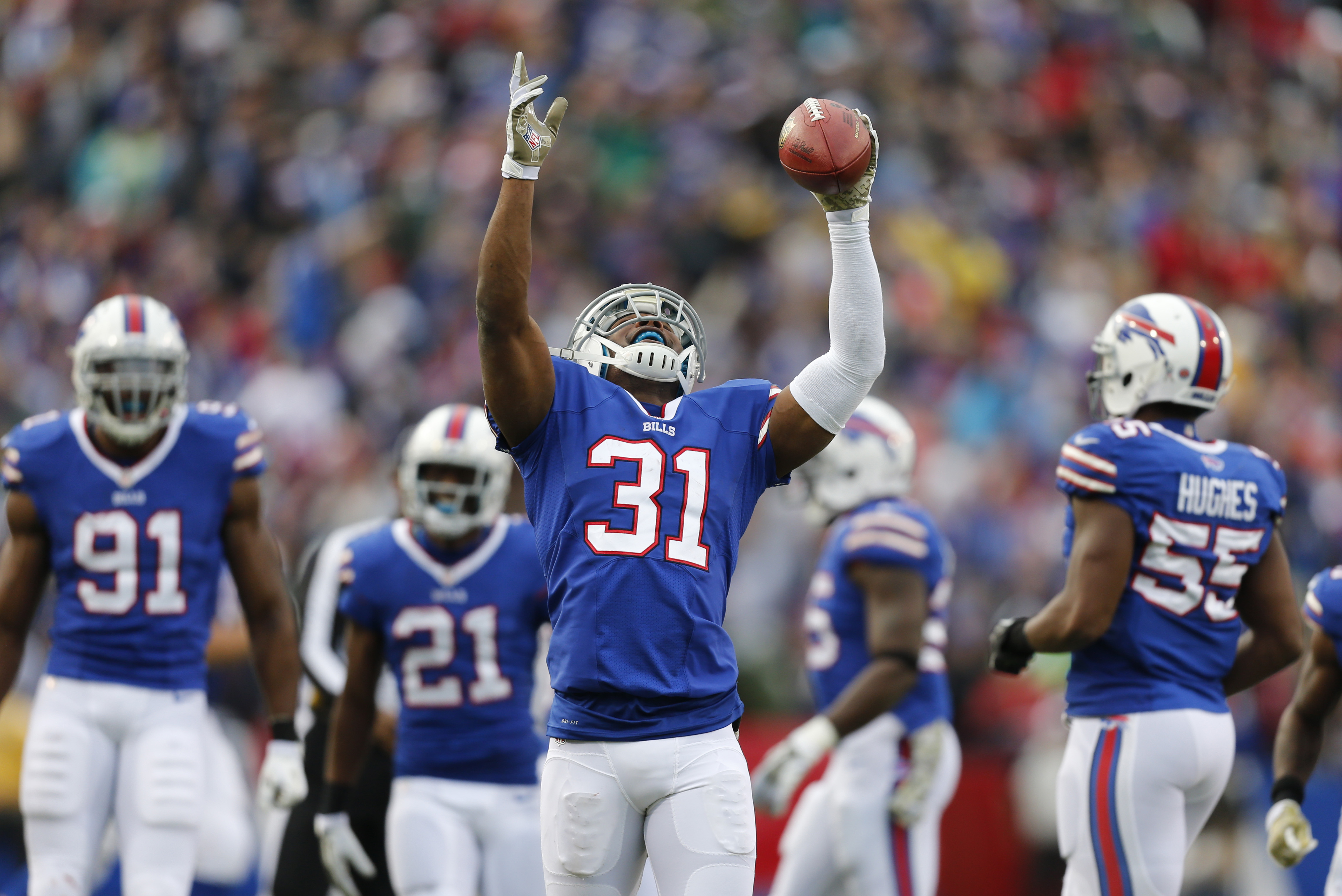 Buffalo Bills free safety Jairus Byrd (31) celebrates an interception against the New York Jets  during the second half of an NFL football game on Sunday, Nov. 17, 2013, in Orchard Park, N.Y. (AP Photo/Gary Wiepert)