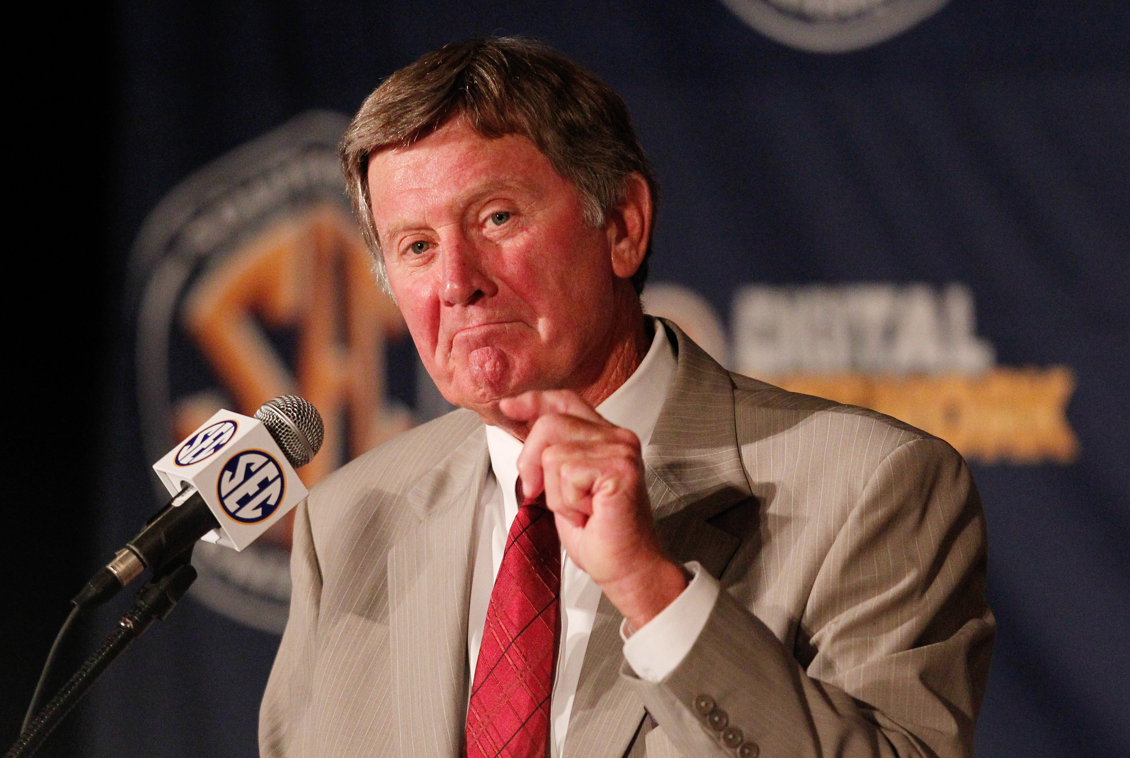 Jul 16, 2013; Hoover, AL, USA; South Carolina Gamecocks head coach Steve Spurrier talks with the media during the 2013 SEC football media days at the Hyatt Regency. Mandatory Credit: Marvin Gentry-USA TODAY Sports