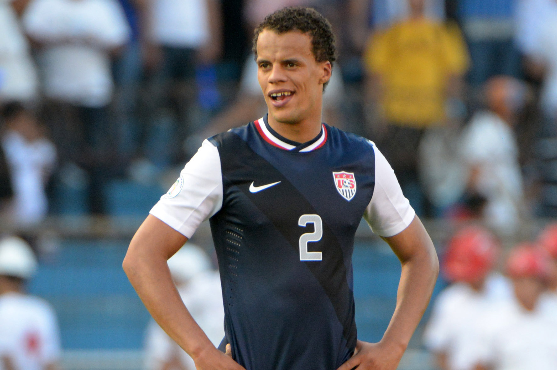 Feb 6, 2013; San Pedro Sula, HONDURAS; USA defender Timmy Chandler (2) reacts during a 2014 FIFA World Cup qualifying match against Honduras at Estadio Olimpico. Honduras defeated the United States 2-1. Mandatory Credit: Kirby Lee-USA TODAY Sports