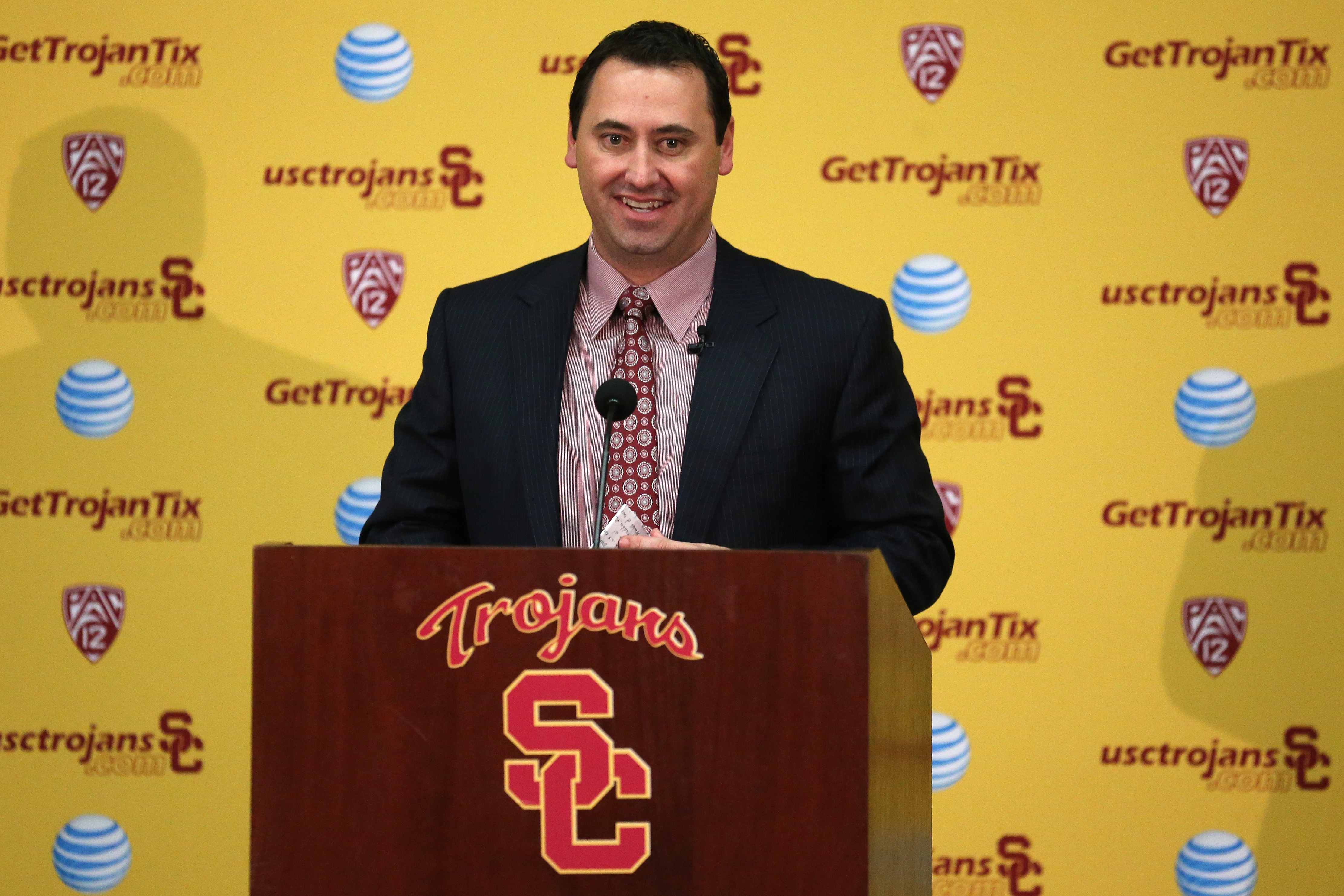 LOS ANGELES, CA - DECEMBER 03:  Steve Sarkisian speaks at a press conference introducing him as the new USC  head football coach at the John McKay Center at the University of Southern California on December 3, 2013 in Los Angeles, California.  (Photo by Stephen Dunn/Getty Images)