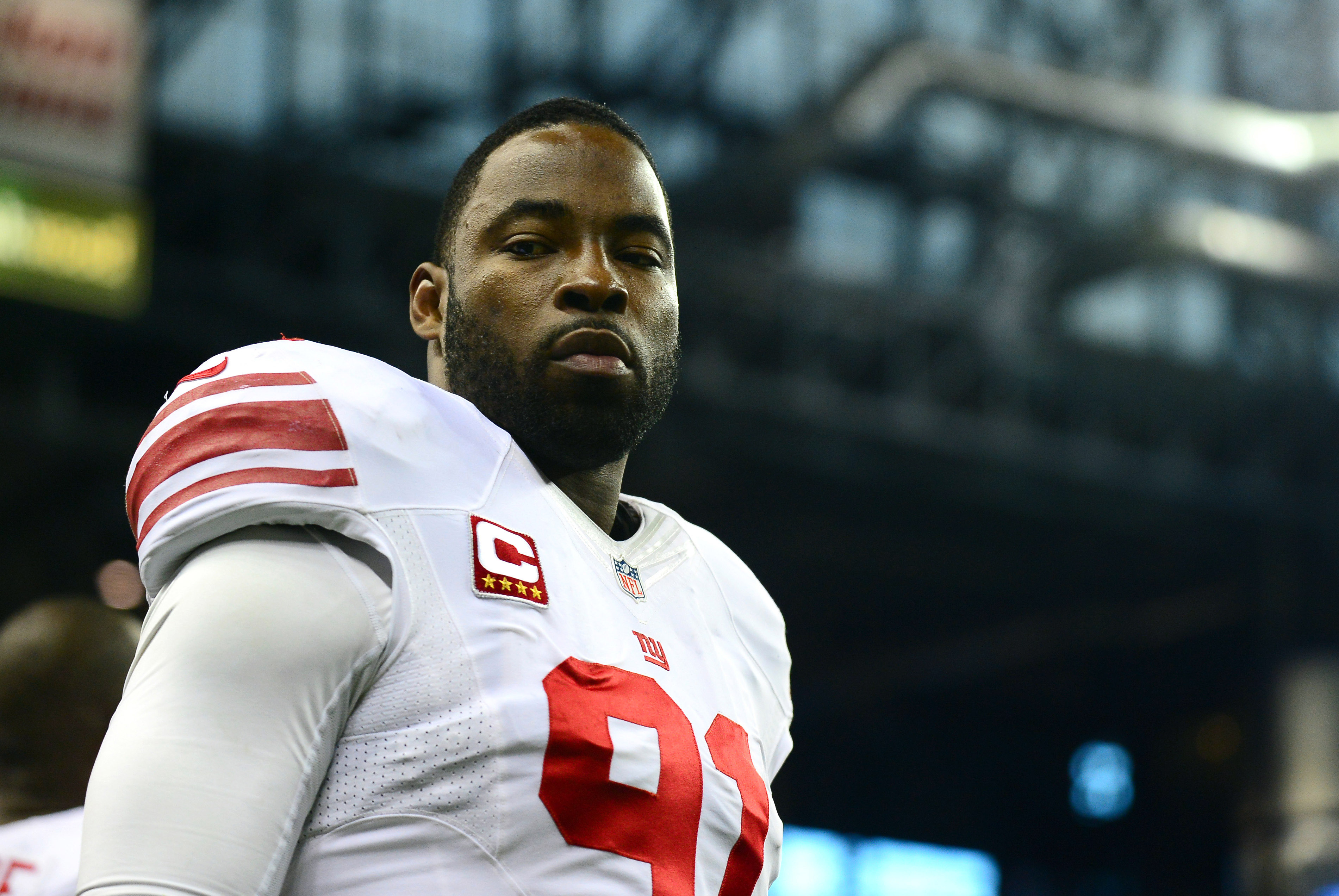 Dec 22, 2013; Detroit, MI, USA; New York Giants defensive end Justin Tuck (91) against the Detroit Lions at Ford Field. Mandatory Credit: Andrew Weber-USA TODAY Sports