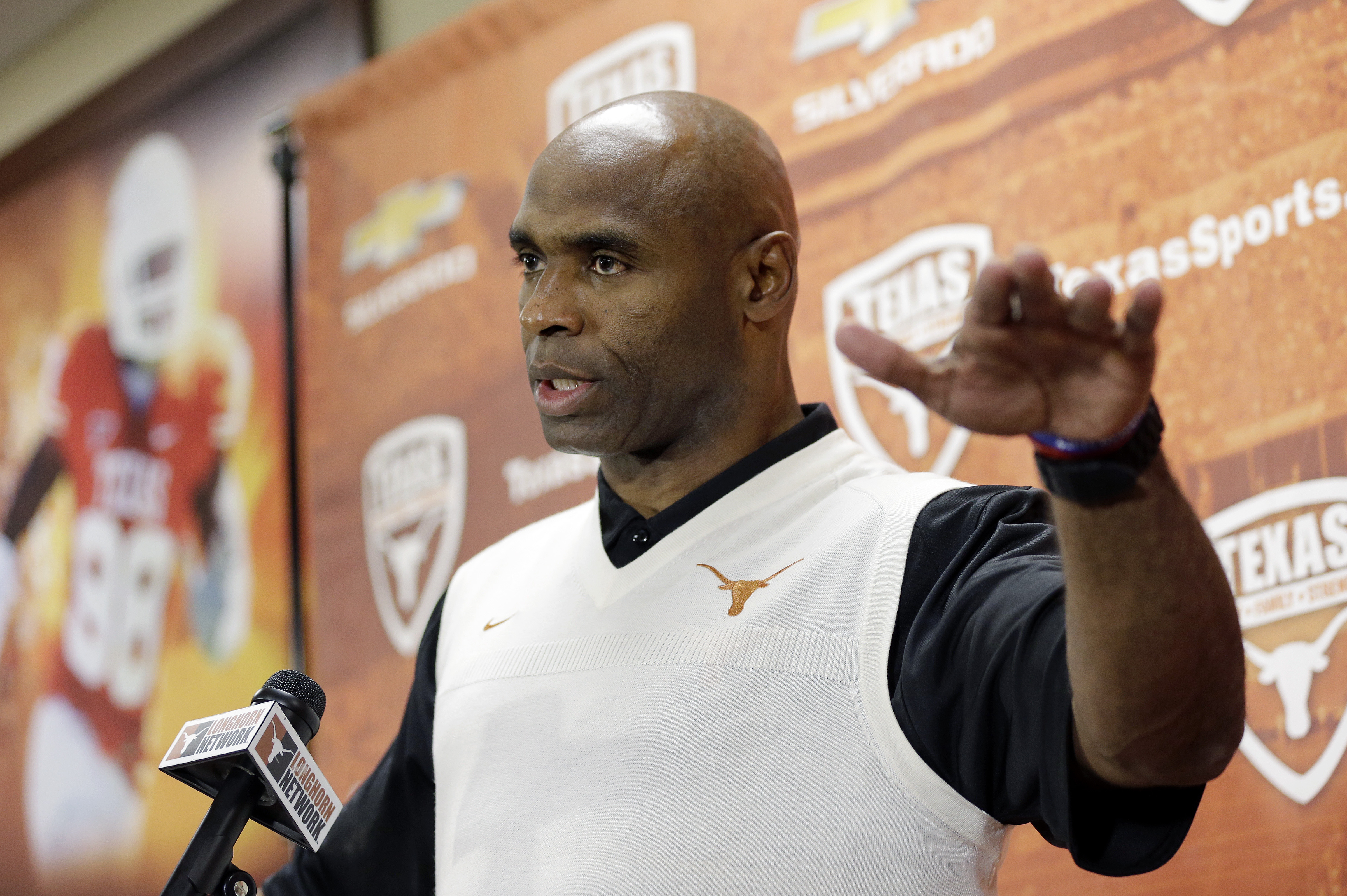 New Texas football coach Charlie Strong talks about his recruiting class during an NCAA college football news conference on Wednesday, Feb. 5, 2014, in Austin, Texas. (AP Photo/Eric Gay)
