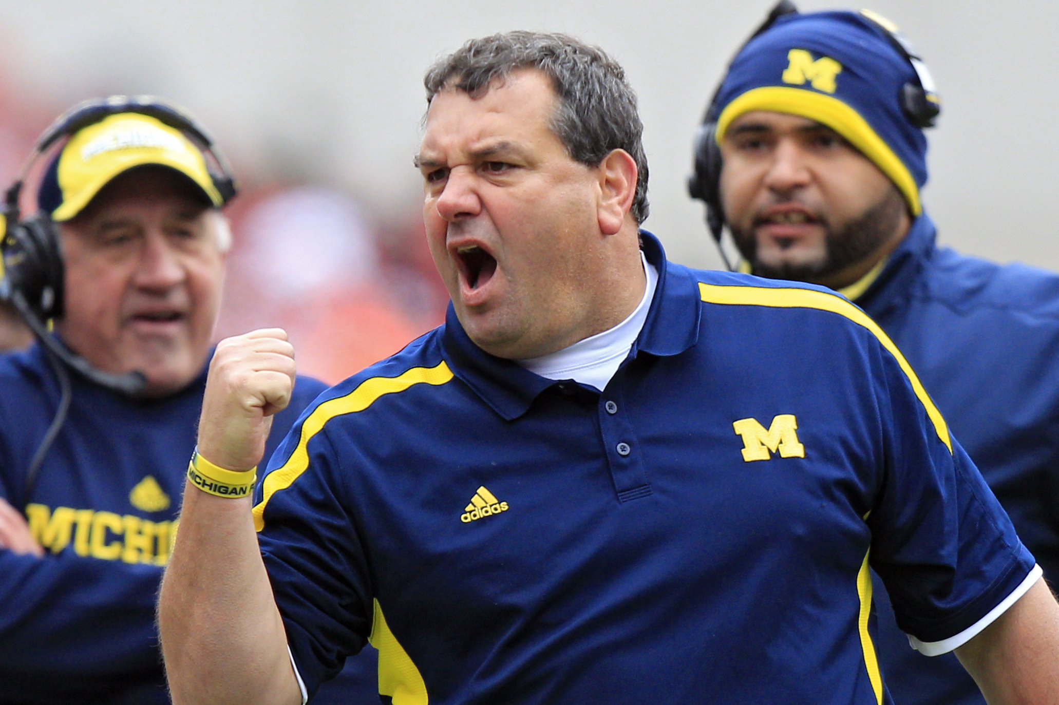 FILE - In this Nov. 24, 2012 file photo, Michigan head coach Brady Hoke yells at his team in an NCAA college football game against Ohio State in Columbus, Ohio. It has already been a successful season for No. 3 Ohio State, but as the Buckeyes know, no season is a success if they lose to their chief rivals, the Michigan Wolverines. (AP Photo/Jay LaPrete, File)