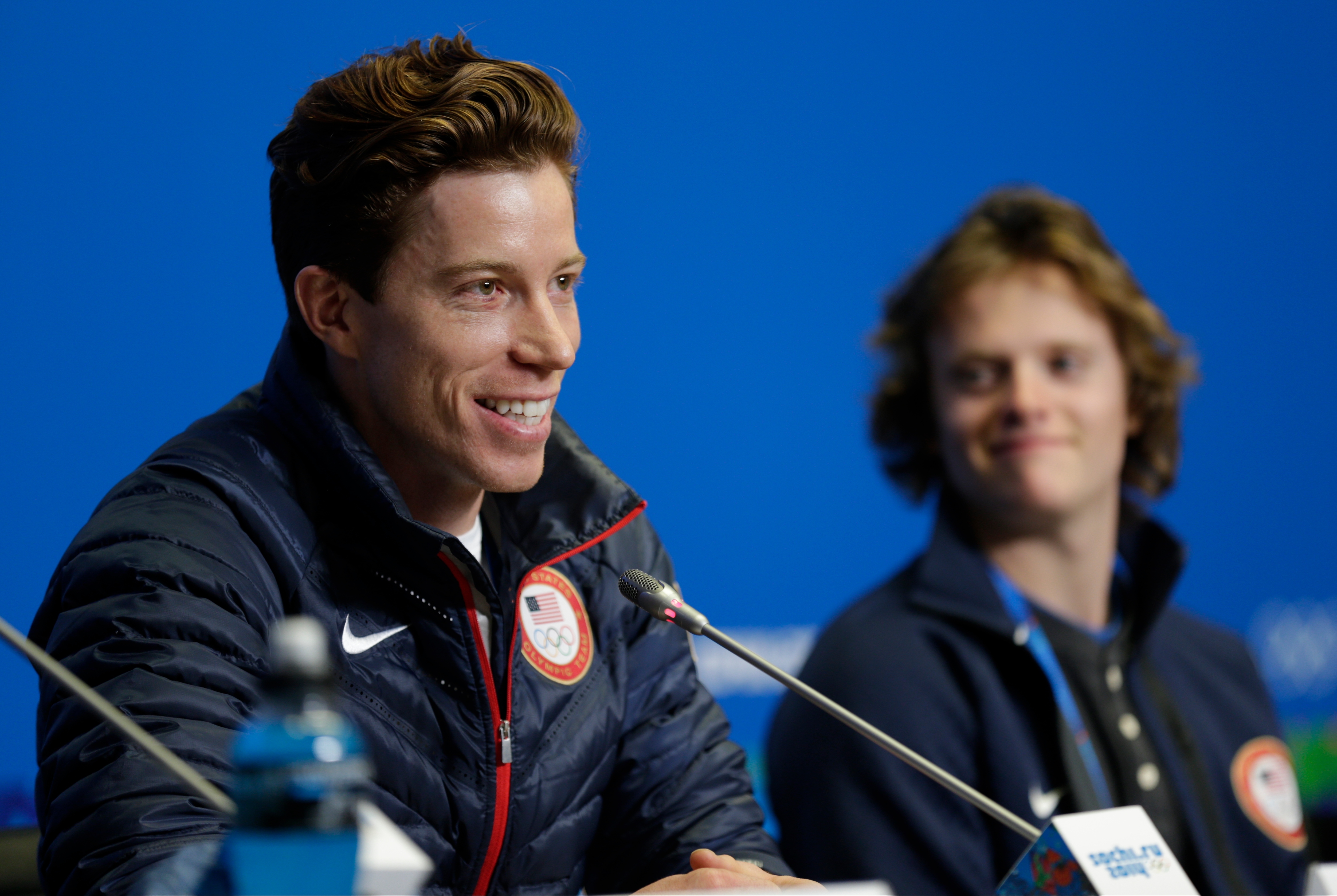 Feb 5, 2014; Krasnaya Polyana, RUSSIA; Shaun White, left, and Taylor, Gold, right, during the USA Snowboarding Halfpipe Press Conference at Gorki Media Center. Mandatory Credit: Andrew P. Scott-USA TODAY Sports