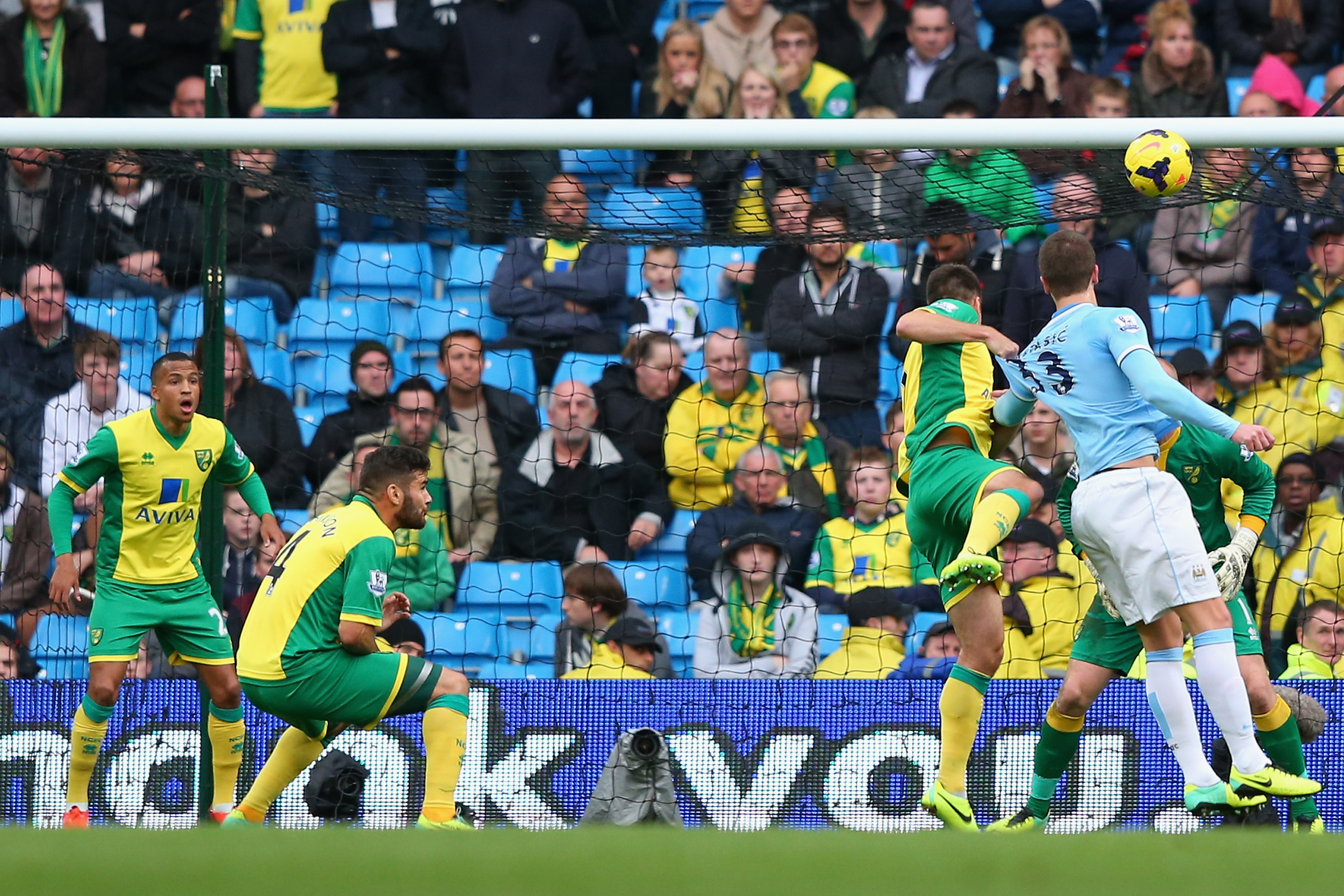MANCHESTER, ENGLAND - NOVEMBER 02:  Matija Nastasic of Manchester City scores their third goal during the Barclays Premier League match between Manchester City and Norwich City at Etihad Stadium on November 2, 2013 in Manchester, England.  (Photo by Alex Livesey/Getty Images)