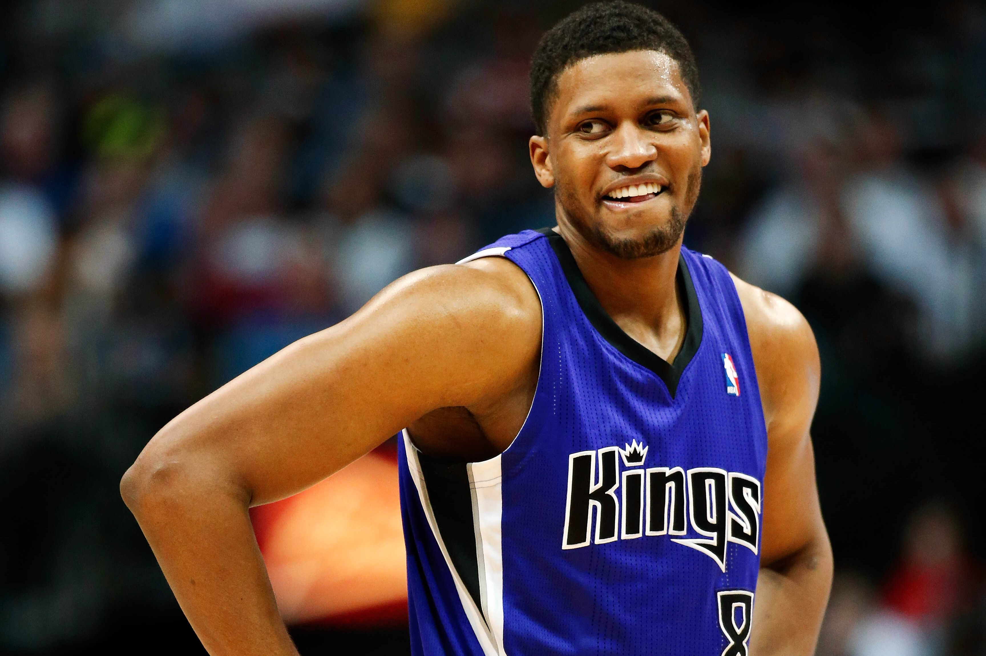 Jan 31, 2014; Dallas, TX, USA; Sacramento Kings small forward Rudy Gay (8) laughs during the game against the Dallas Mavericks at American Airlines Center. Mandatory Credit: Kevin Jairaj-USA TODAY Sports