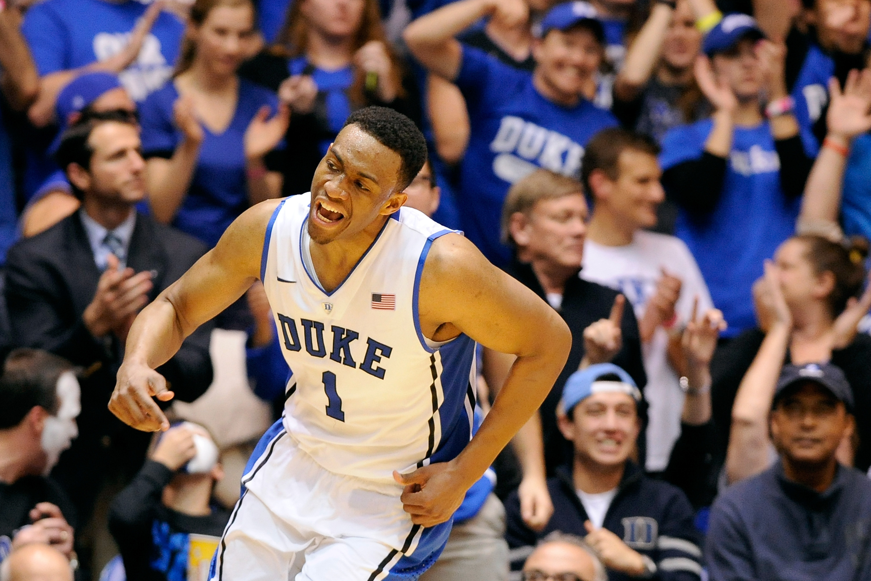 DURHAM, NC - FEBRUARY 04:  Jabari Parker #1 of the Duke Blue Devils reacts during their win against the Wake Forest Demon Deacons at Cameron Indoor Stadium on February 4, 2014 in Durham, North Carolina. Duke won 83-63.  (Photo by Grant Halverson/Getty Images)