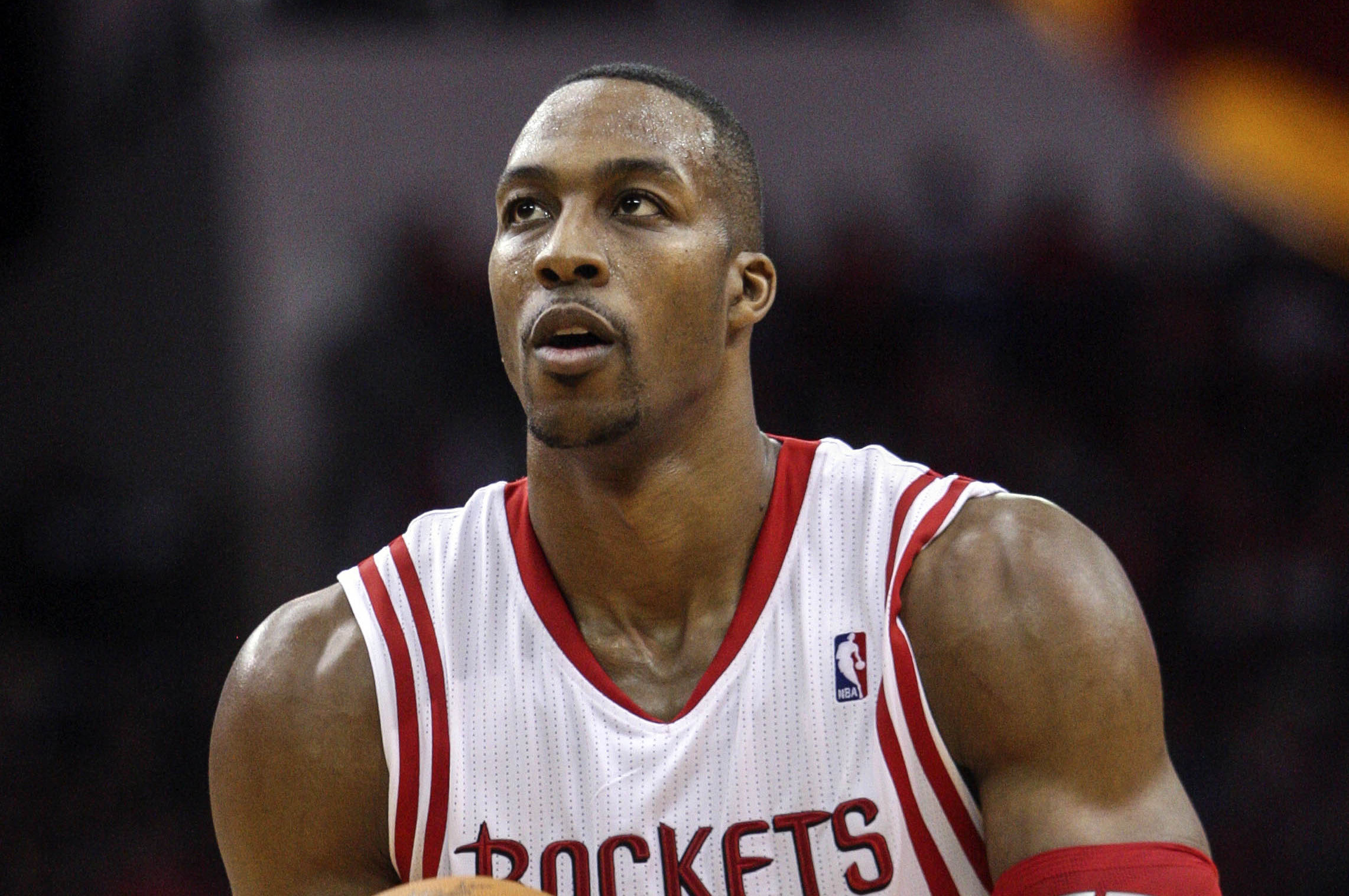 Feb 1, 2014; Houston, TX, USA; Houston Rockets center Dwight Howard (12) attempts a free throw during the second quarter against the Cleveland Cavaliers at Toyota Center. Mandatory Credit: Troy Taormina-USA TODAY Sports