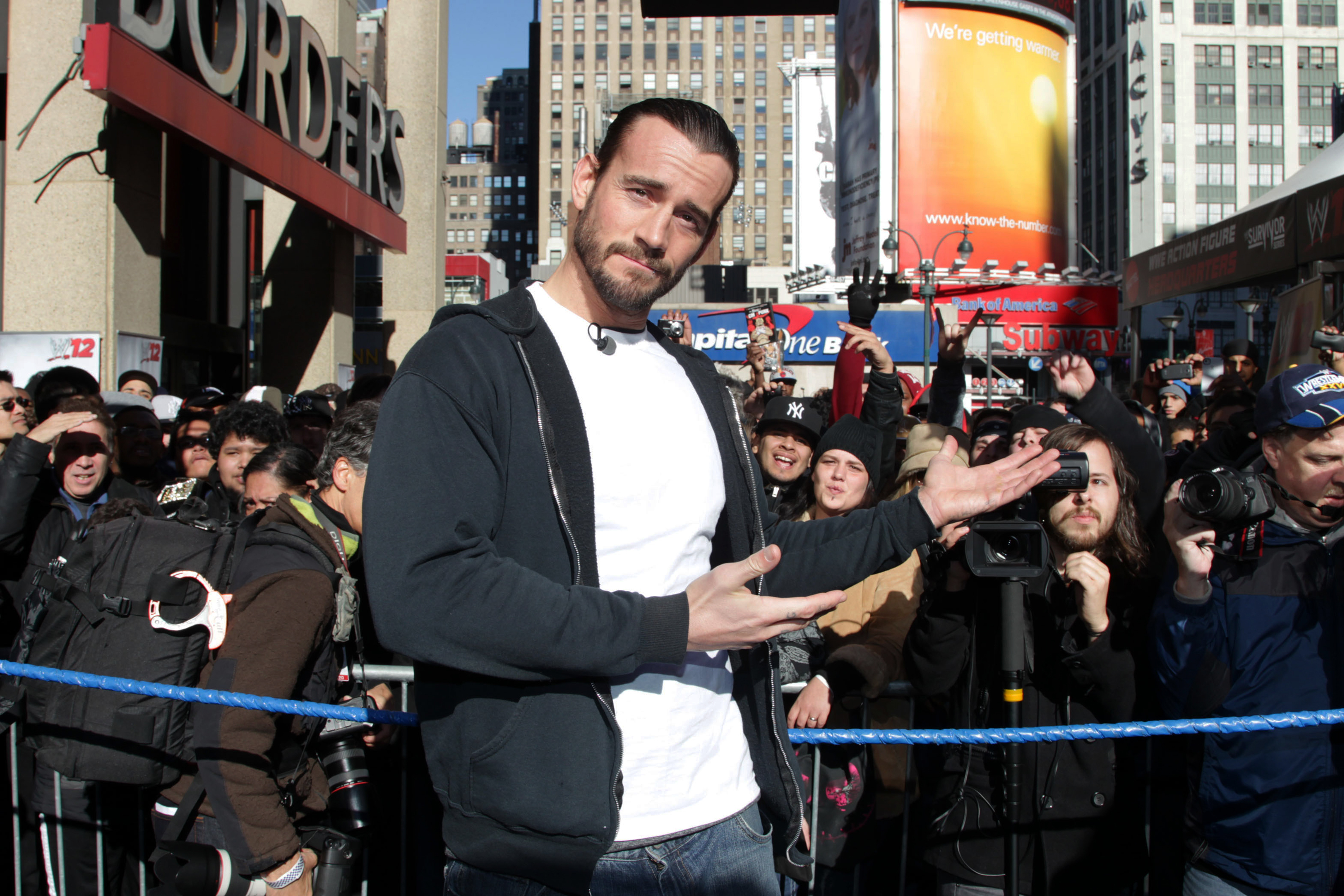 WWE Superstar CM Punk poses at Madison Square Garden, Friday, Nov. 18, 2011, in New York, during a rally leading up to the 25th Anniversary of Survivor Series, taking place Sunday at Madison Square Garden.  The event will feature actor and wrestling favorite Dwayne